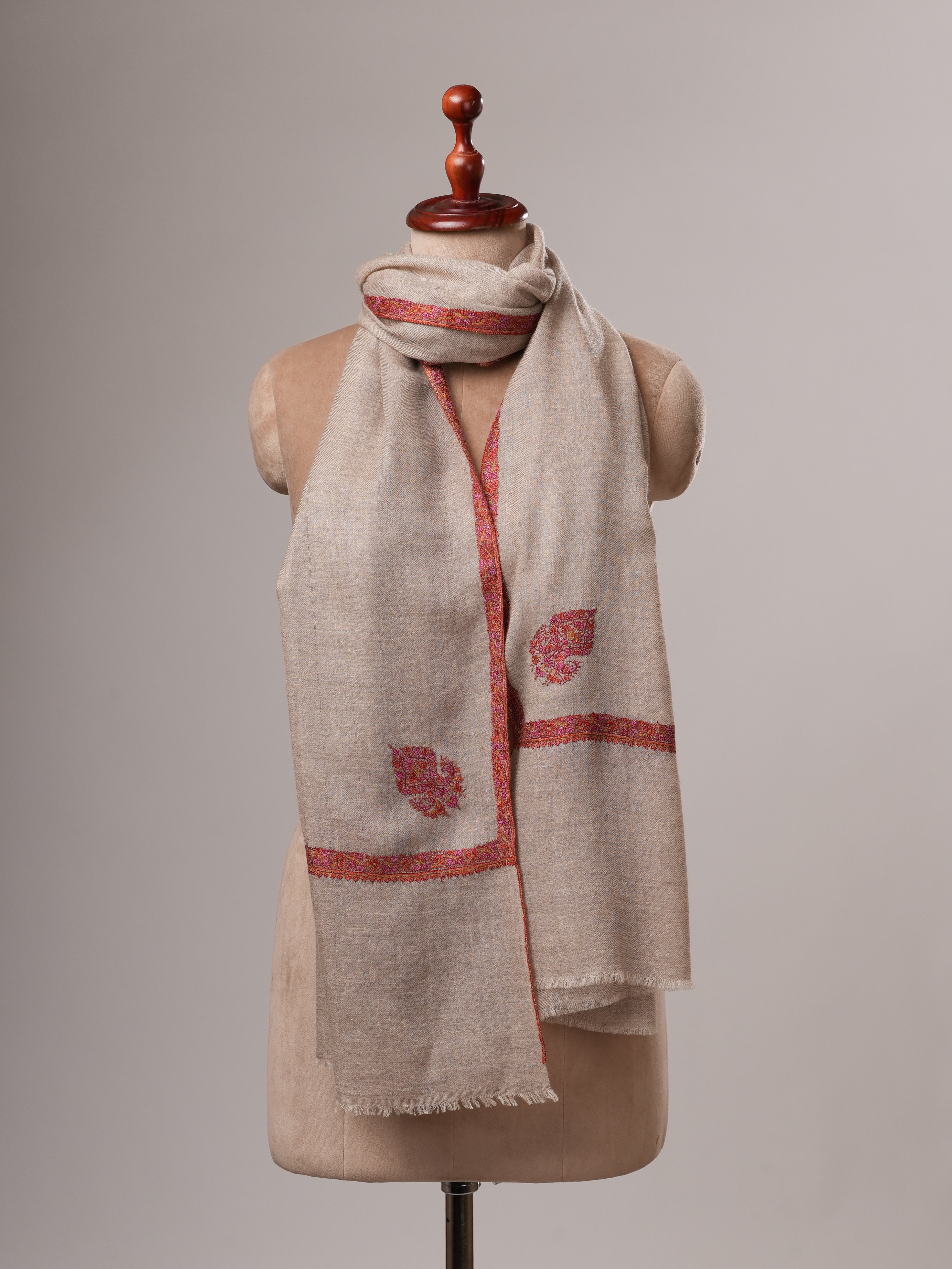 Natural Grey Baby Soft Cashmere Scarf with Classic Hashia & Corner Embroidery Shahkaar