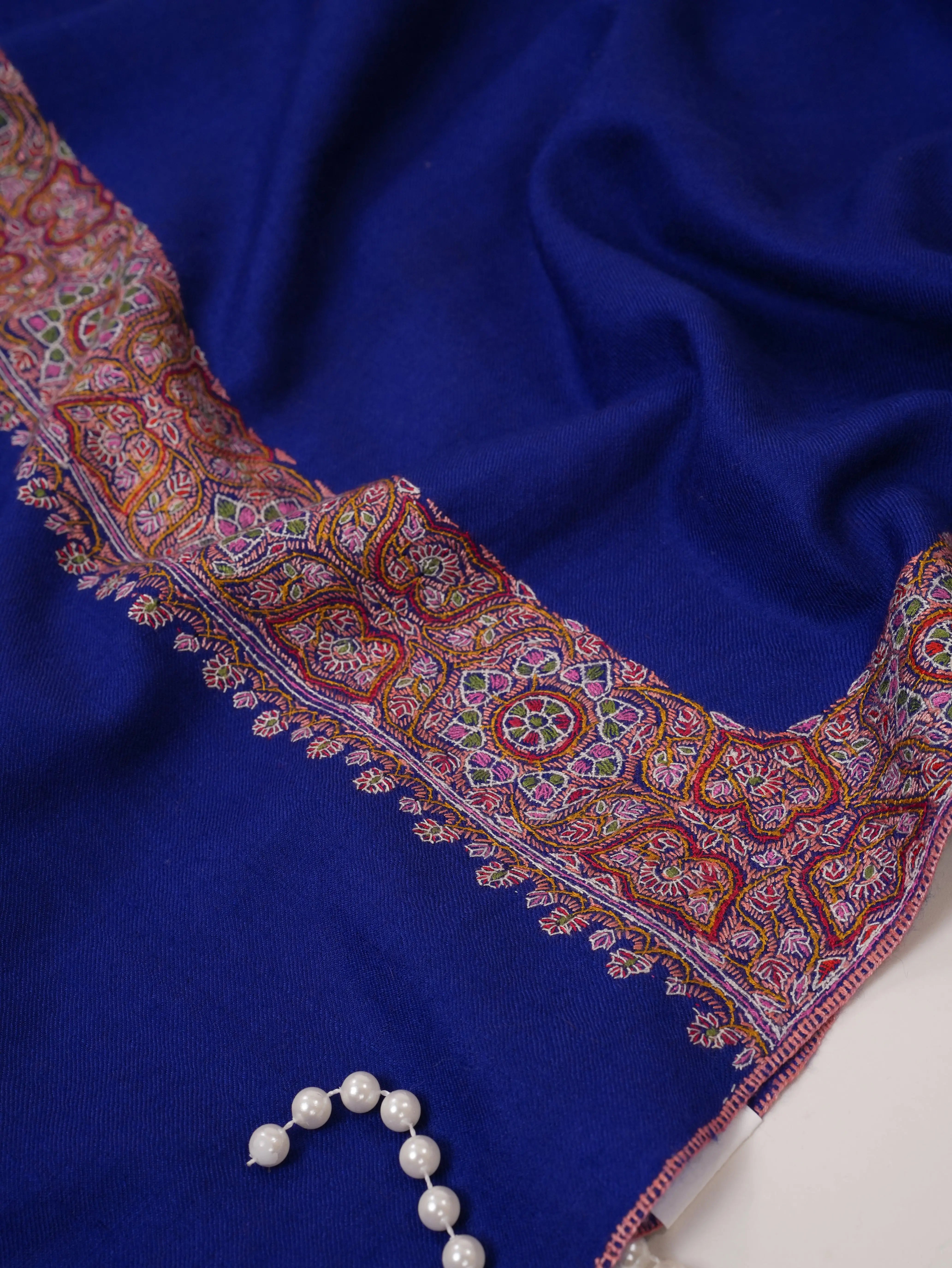 Blue Neemdaur Traditional Sozni Hand Embroidered Pashmina Shawl Shahkaar.com
