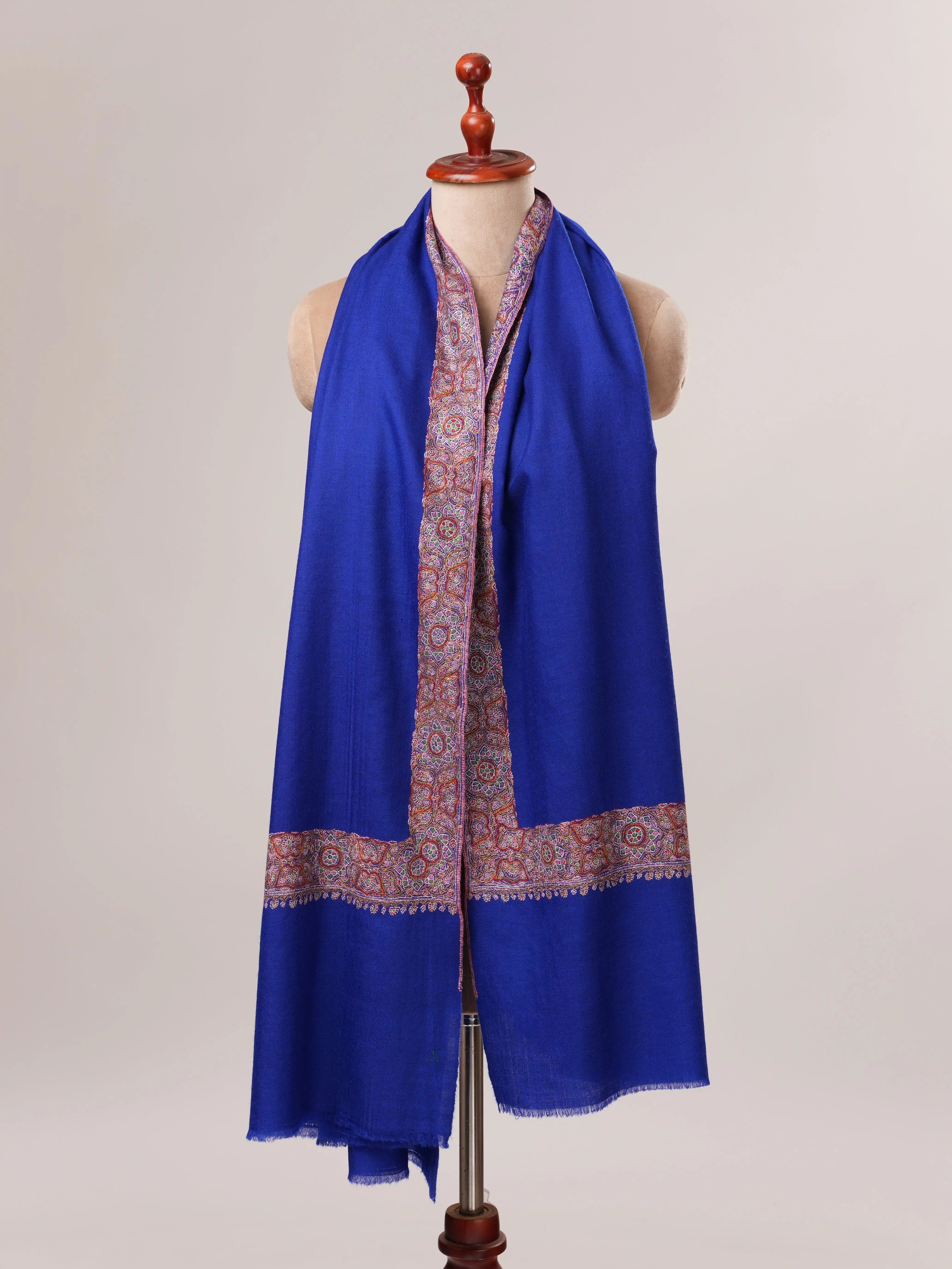 Blue Neemdaur Traditional Sozni Hand Embroidered Pashmina Shawl Shahkaar.com