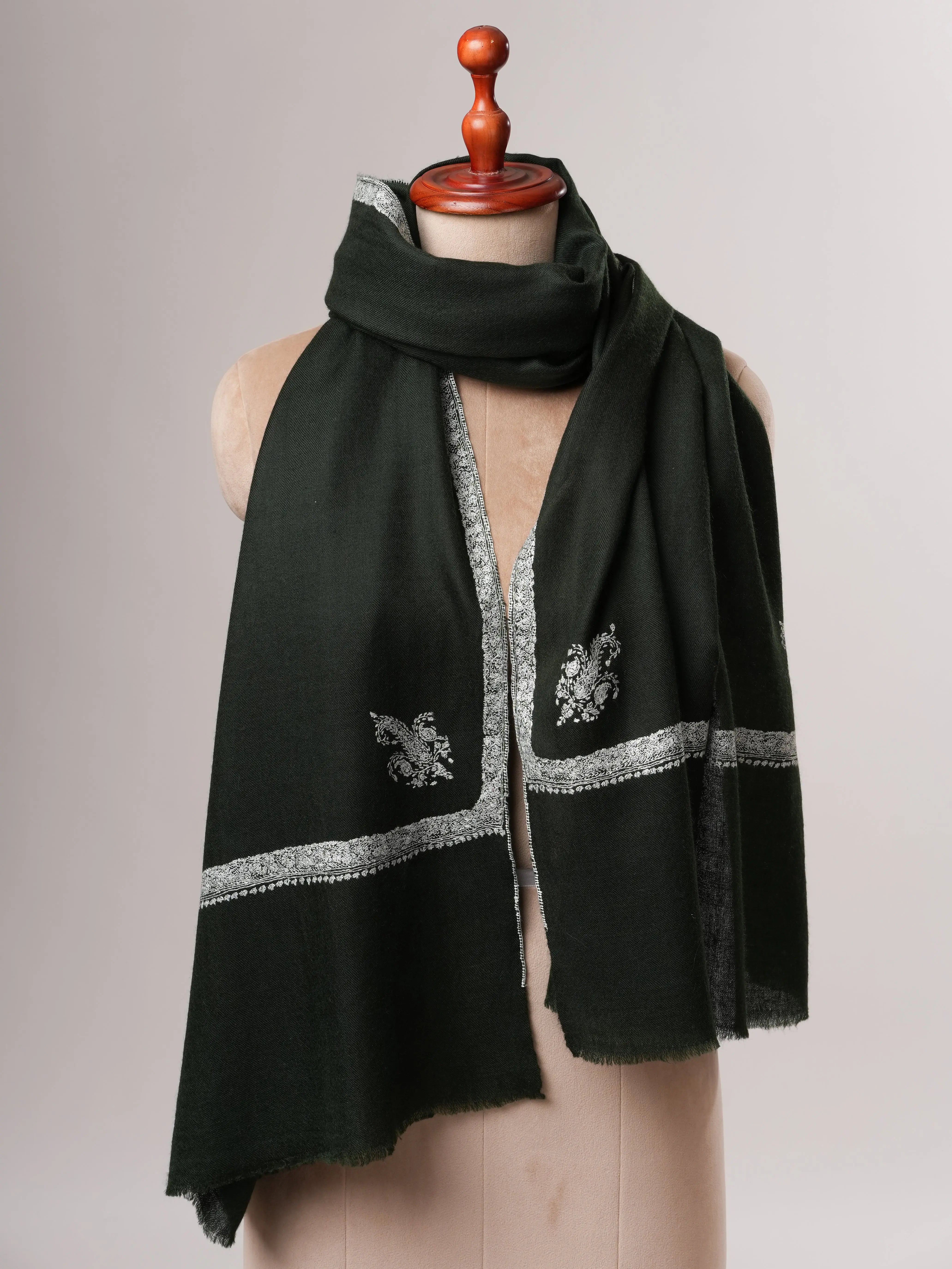 Dark Green Cashmere Scarf with Classic Hashia Hand Embroidery Shahkaar
