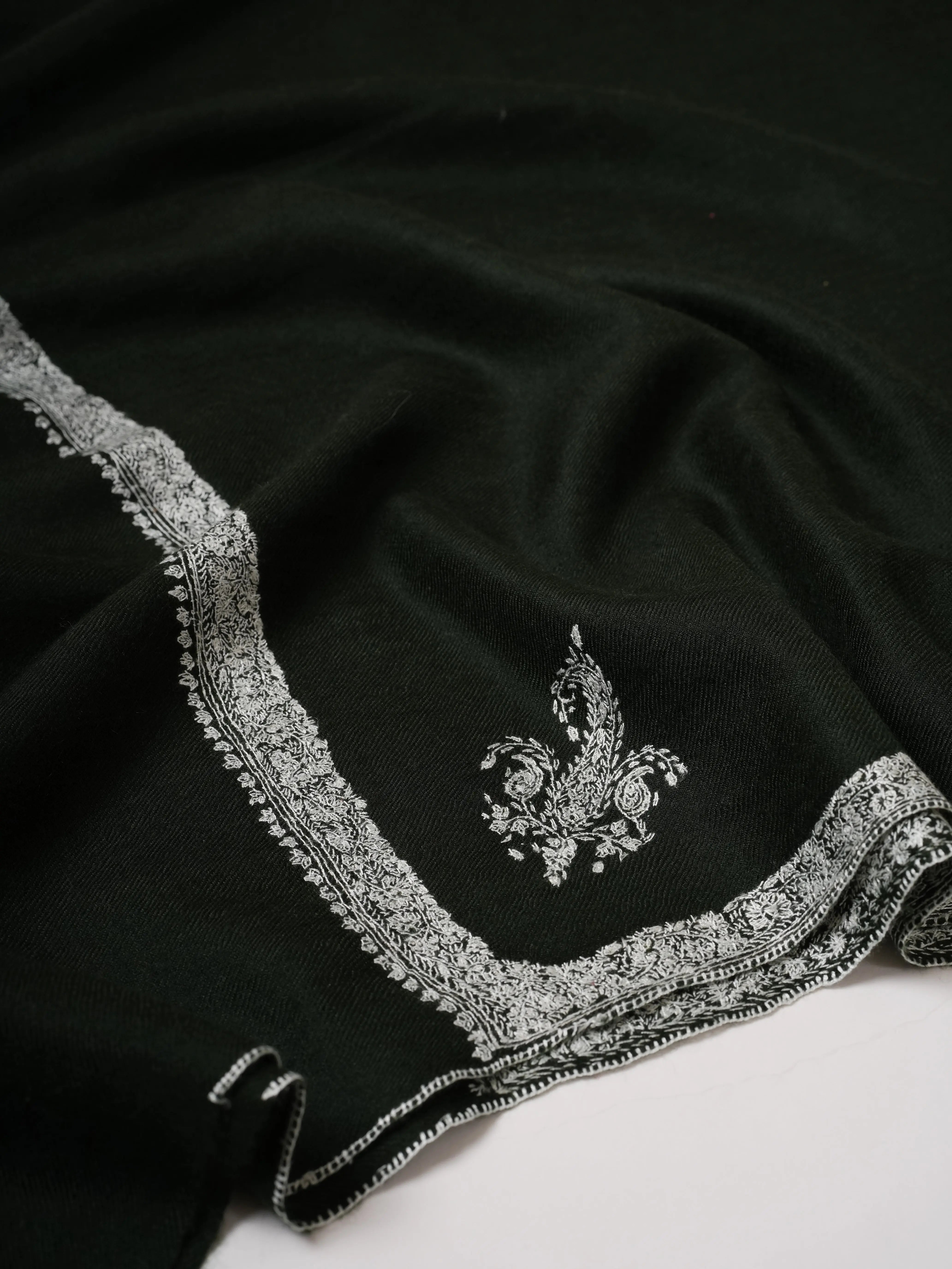 Dark Green Cashmere Scarf with Classic Hashia Hand Embroidery Shahkaar
