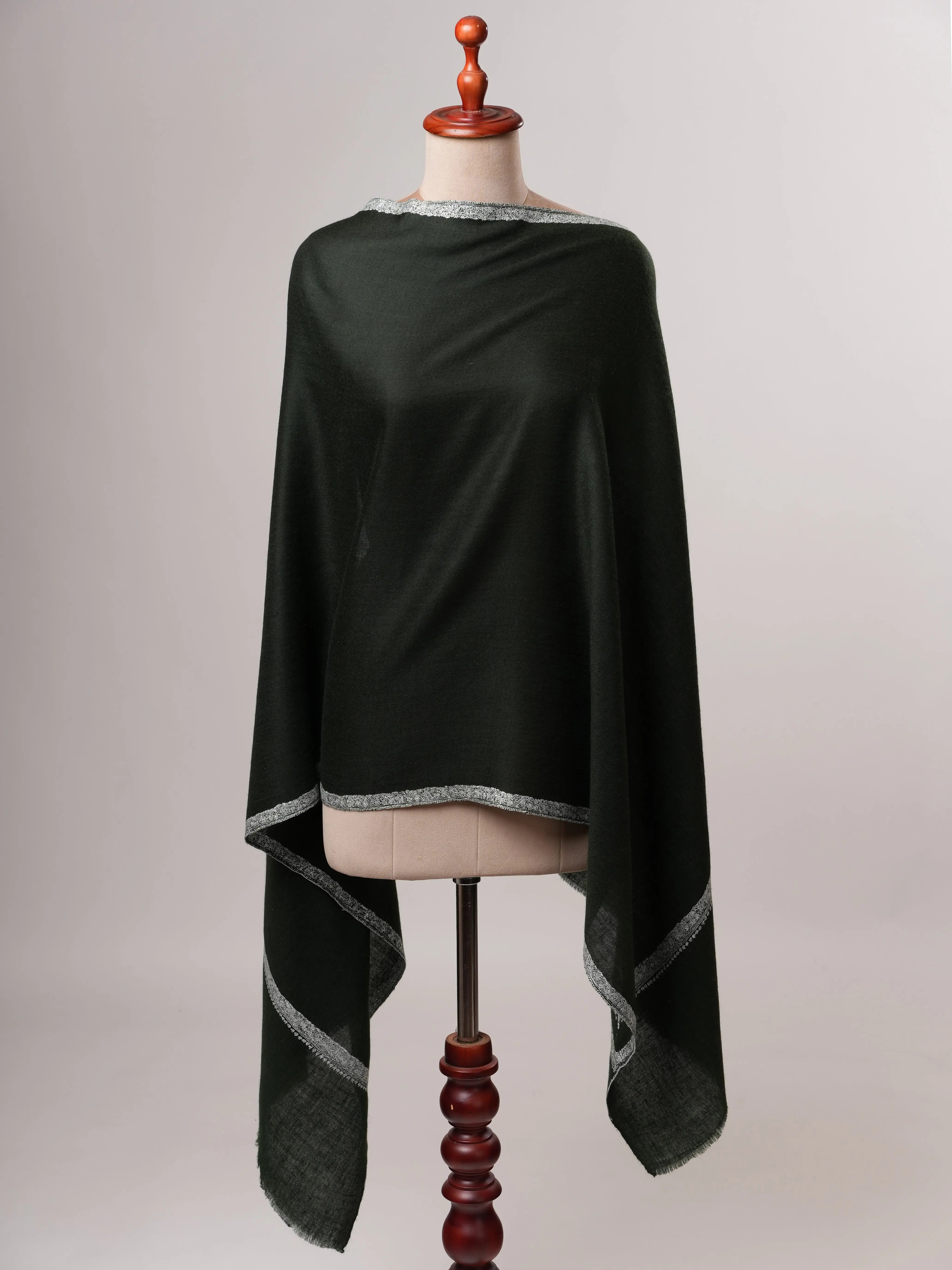 Dark Green Cashmere Scarf with Classic Hashia Hand Embroidery Shahkaar