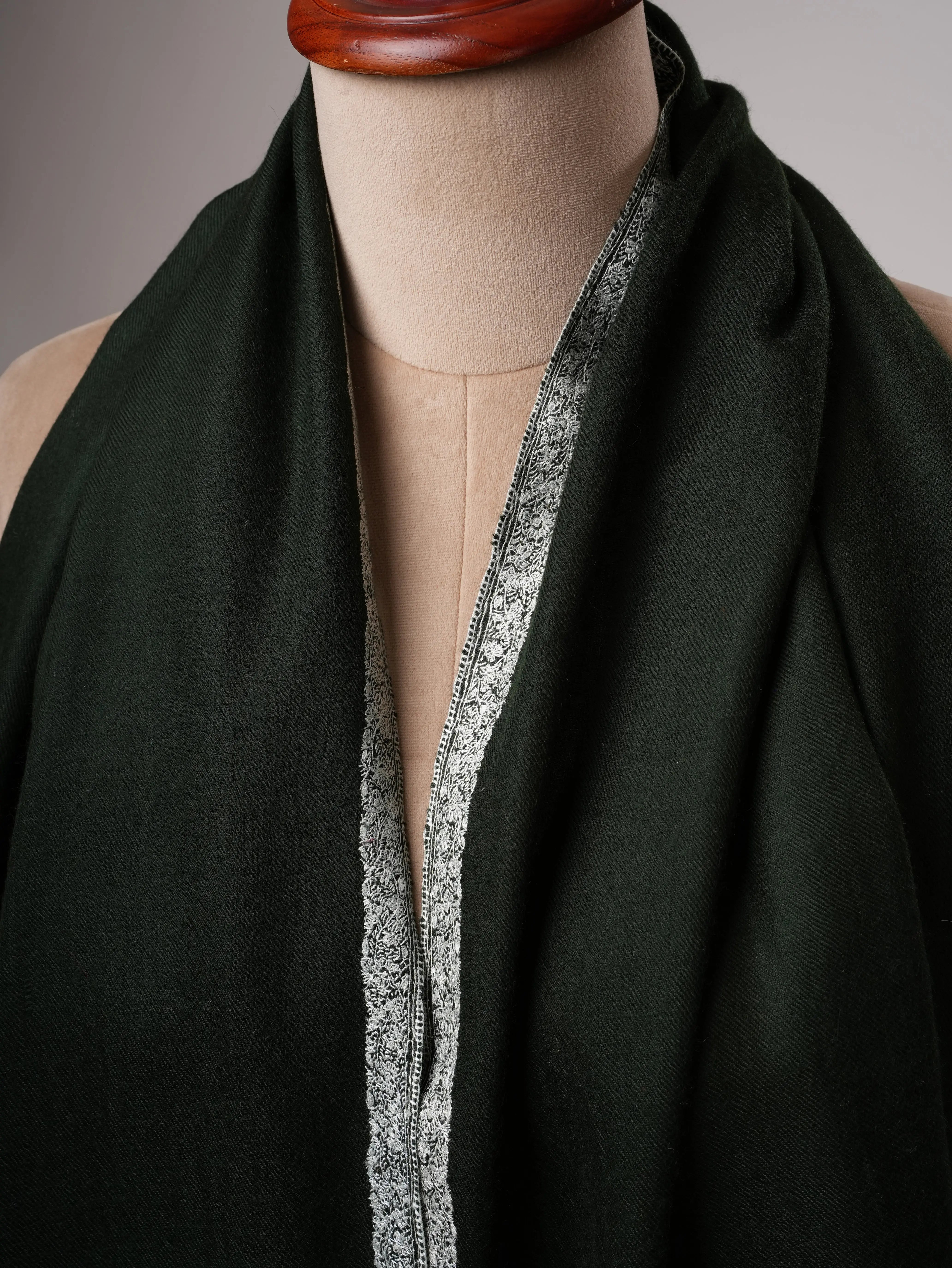 Dark Green Cashmere Scarf with Classic Hashia Hand Embroidery Shahkaar