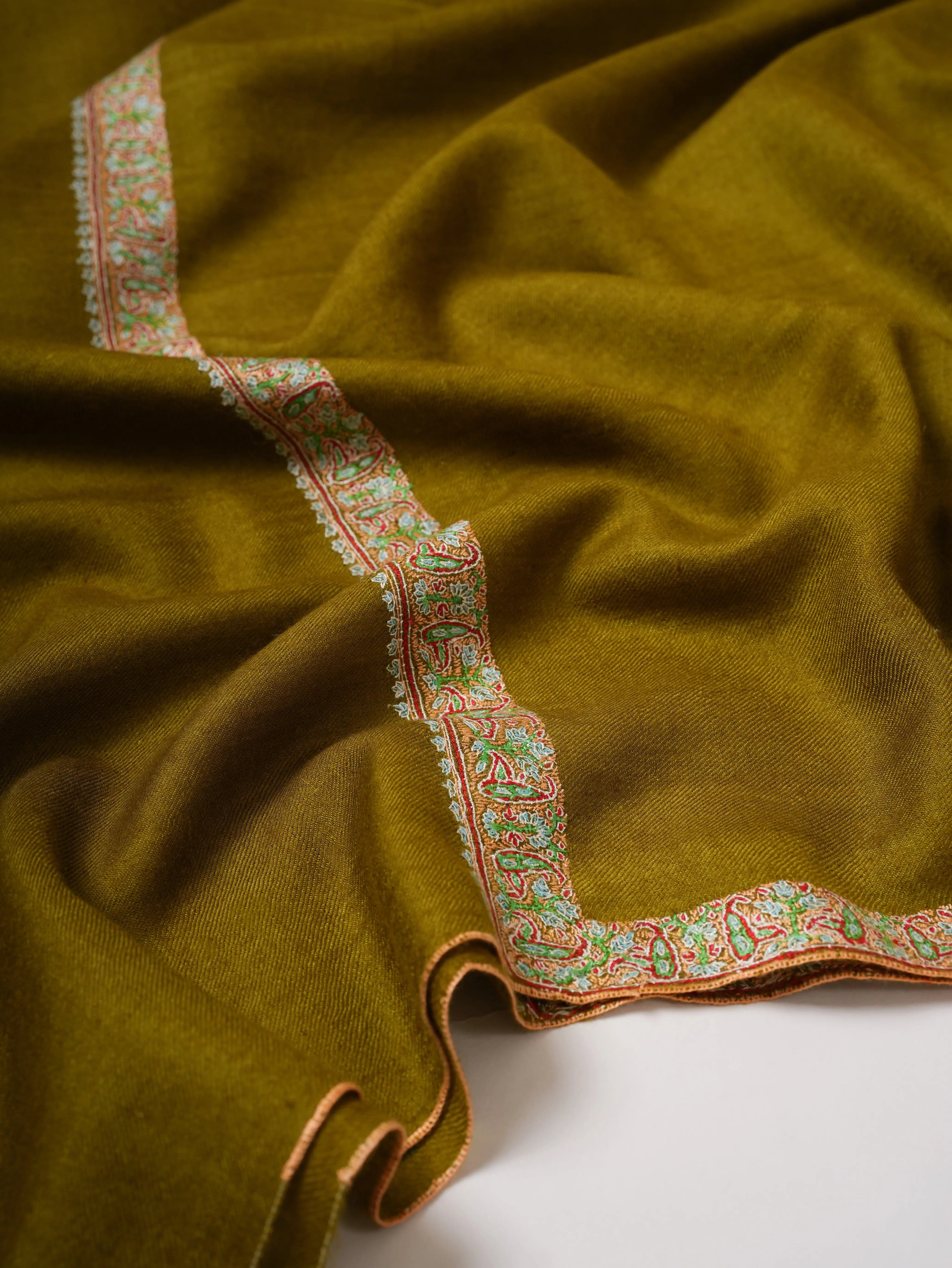 Olive Pure Pashmina Shawl with Handcrafted Hashia Embroidery Shahkaar