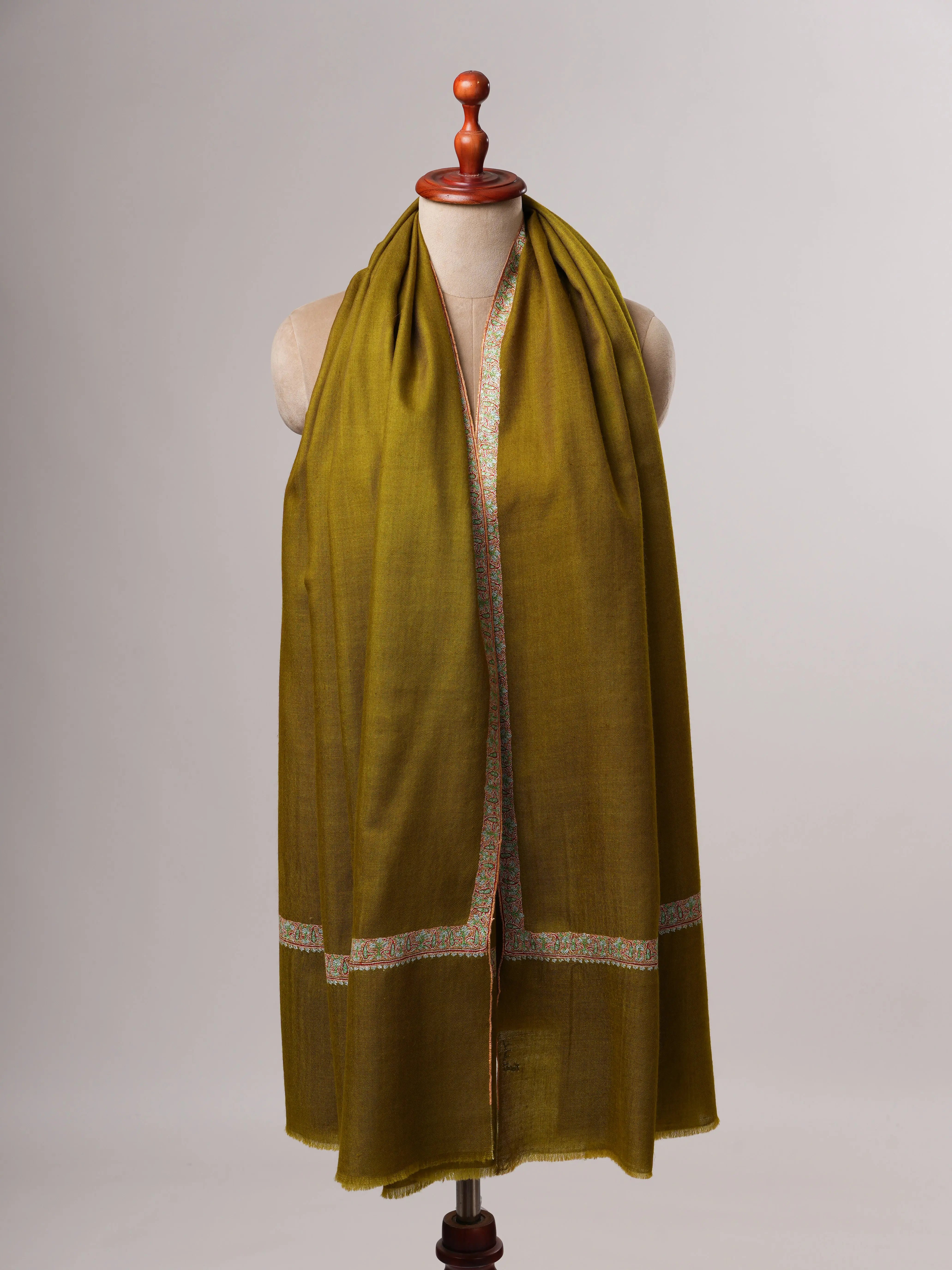 Olive Pure Pashmina Shawl with Handcrafted Hashia Embroidery Shahkaar
