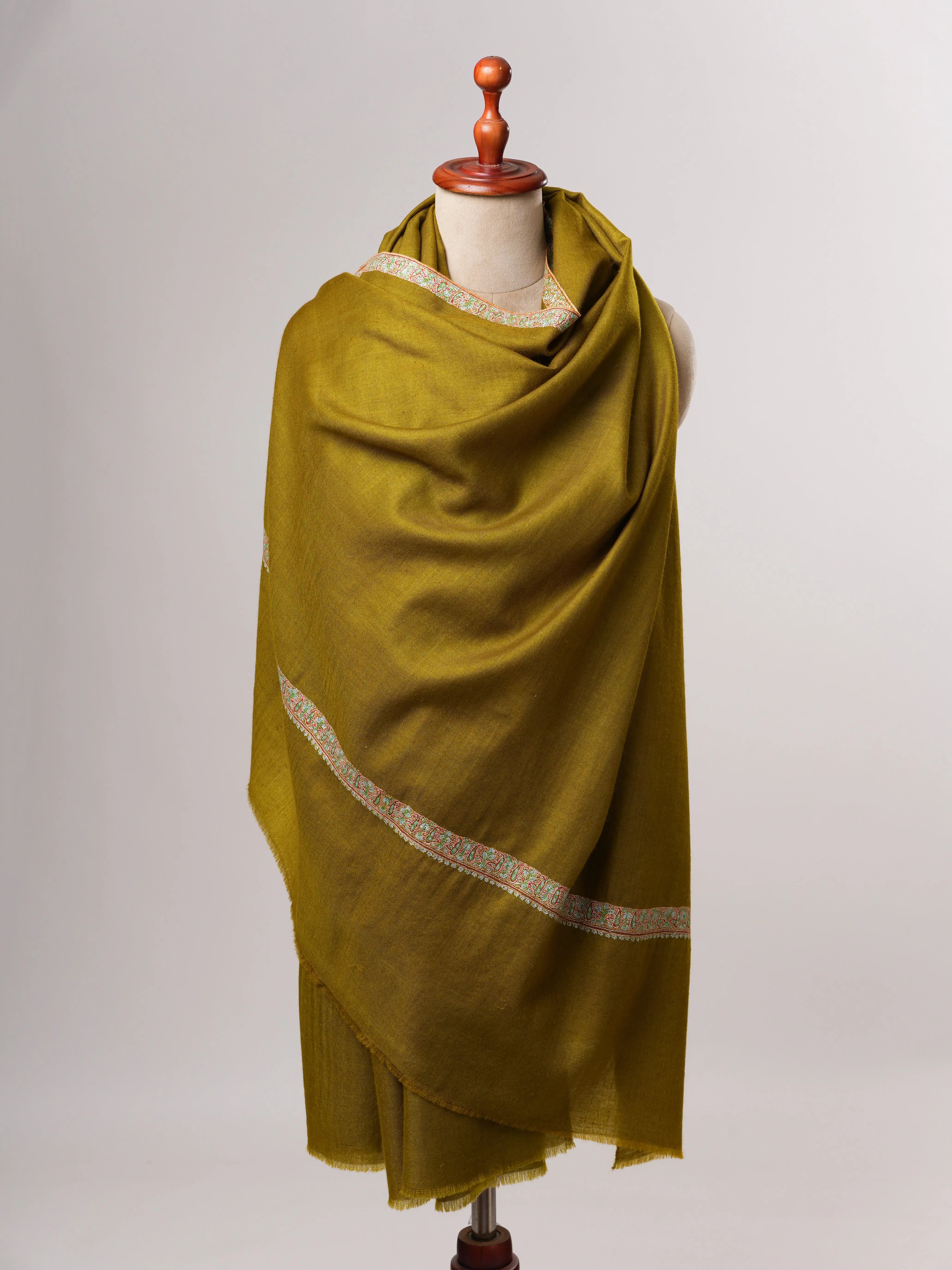 Olive Pure Pashmina Shawl with Handcrafted Hashia Embroidery Shahkaar