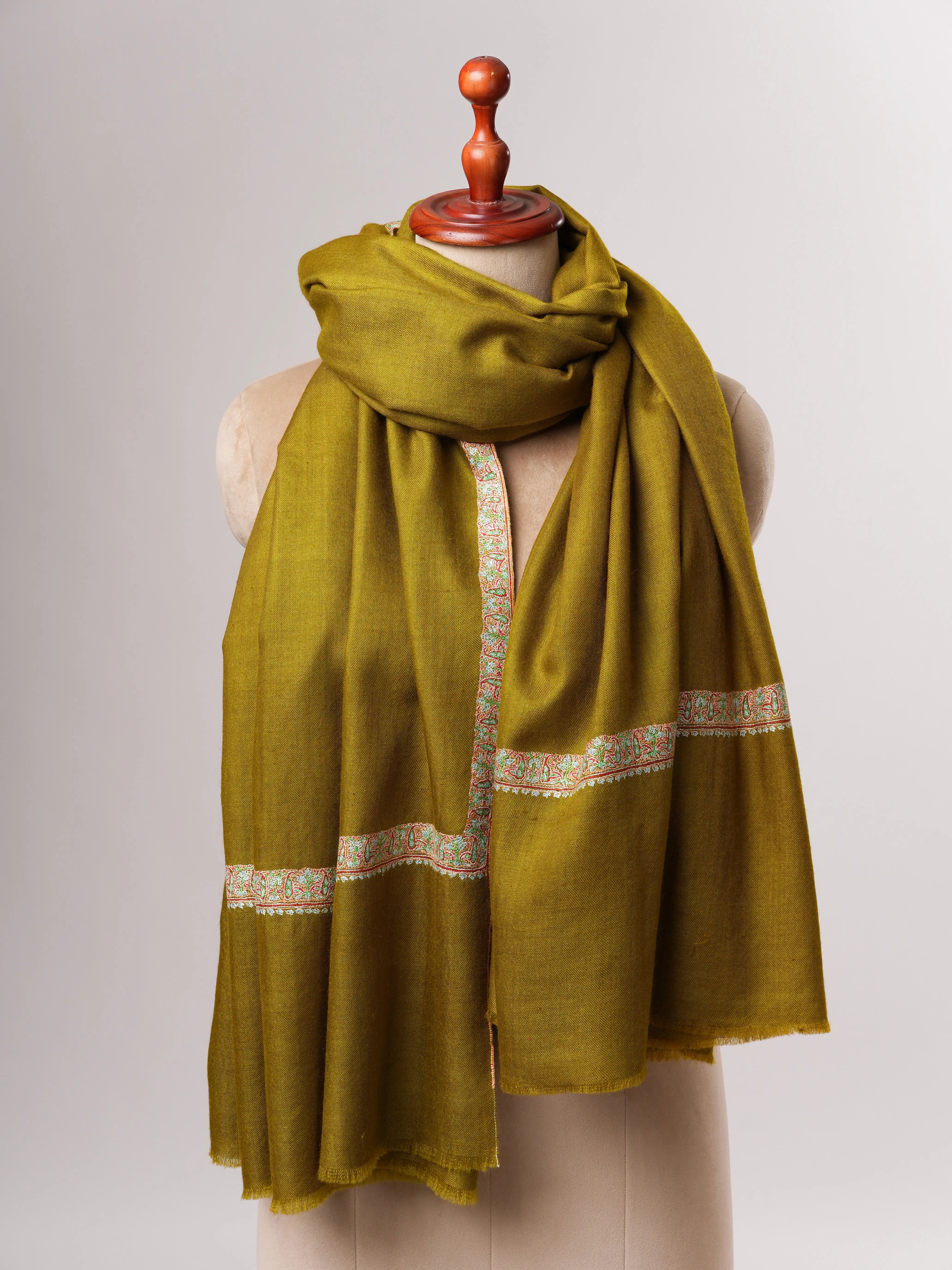 Olive Pure Pashmina Shawl with Handcrafted Hashia Embroidery Shahkaar