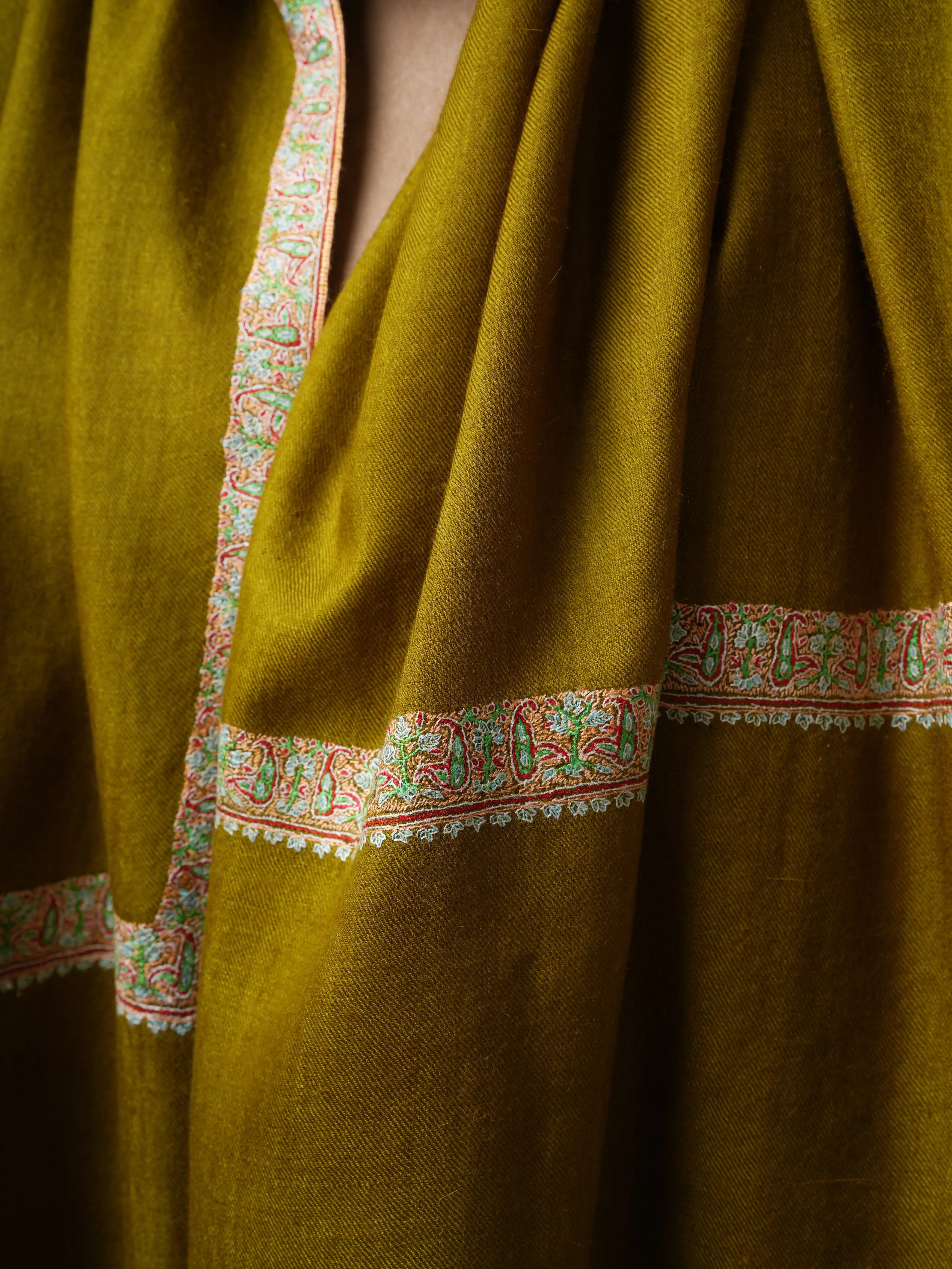 Olive Pure Pashmina Shawl with Handcrafted Hashia Embroidery Shahkaar