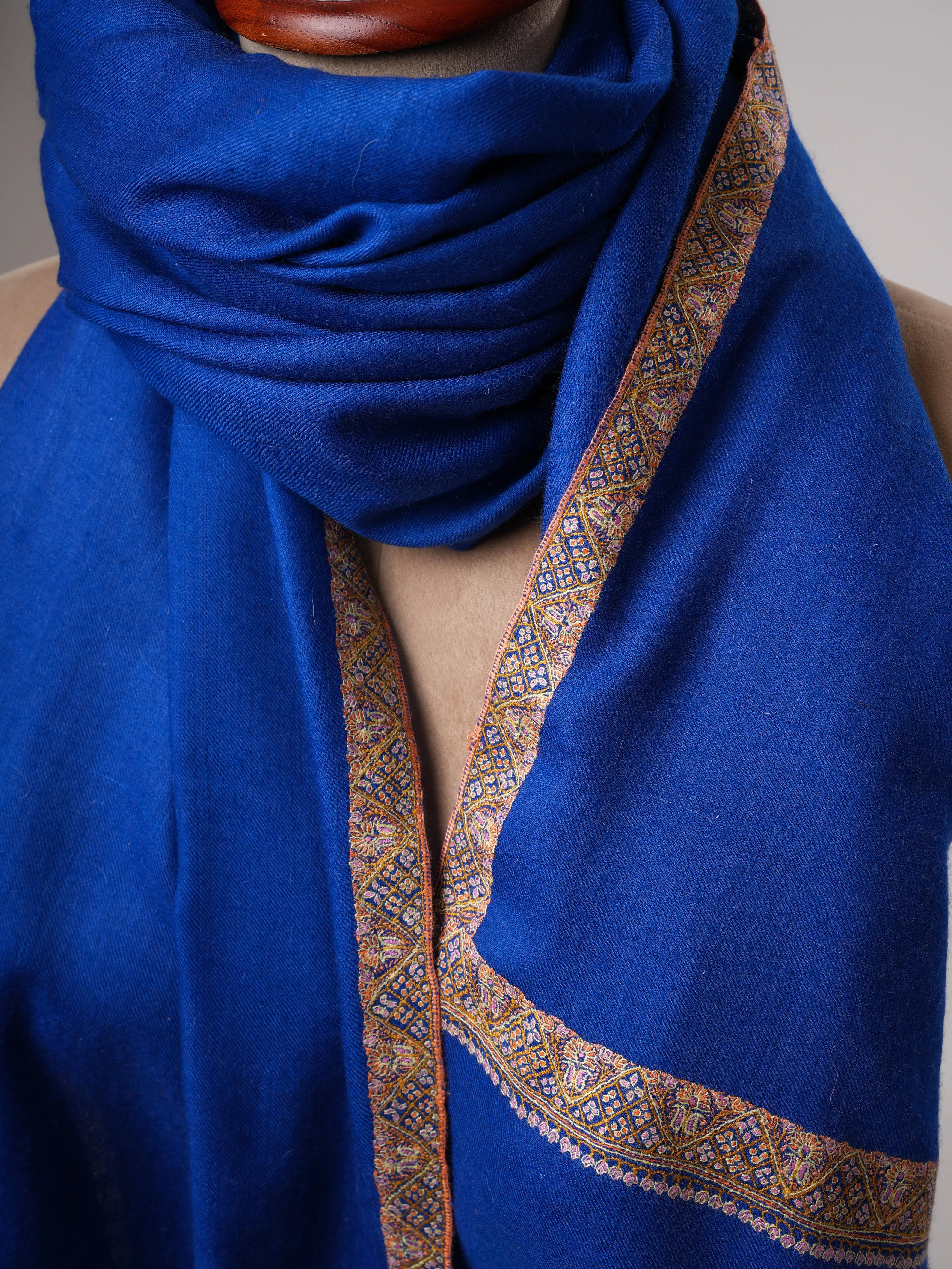 Cobalt Blue Pure Pashmina Shawl with Classic Hashia Embroidery Shahkaar