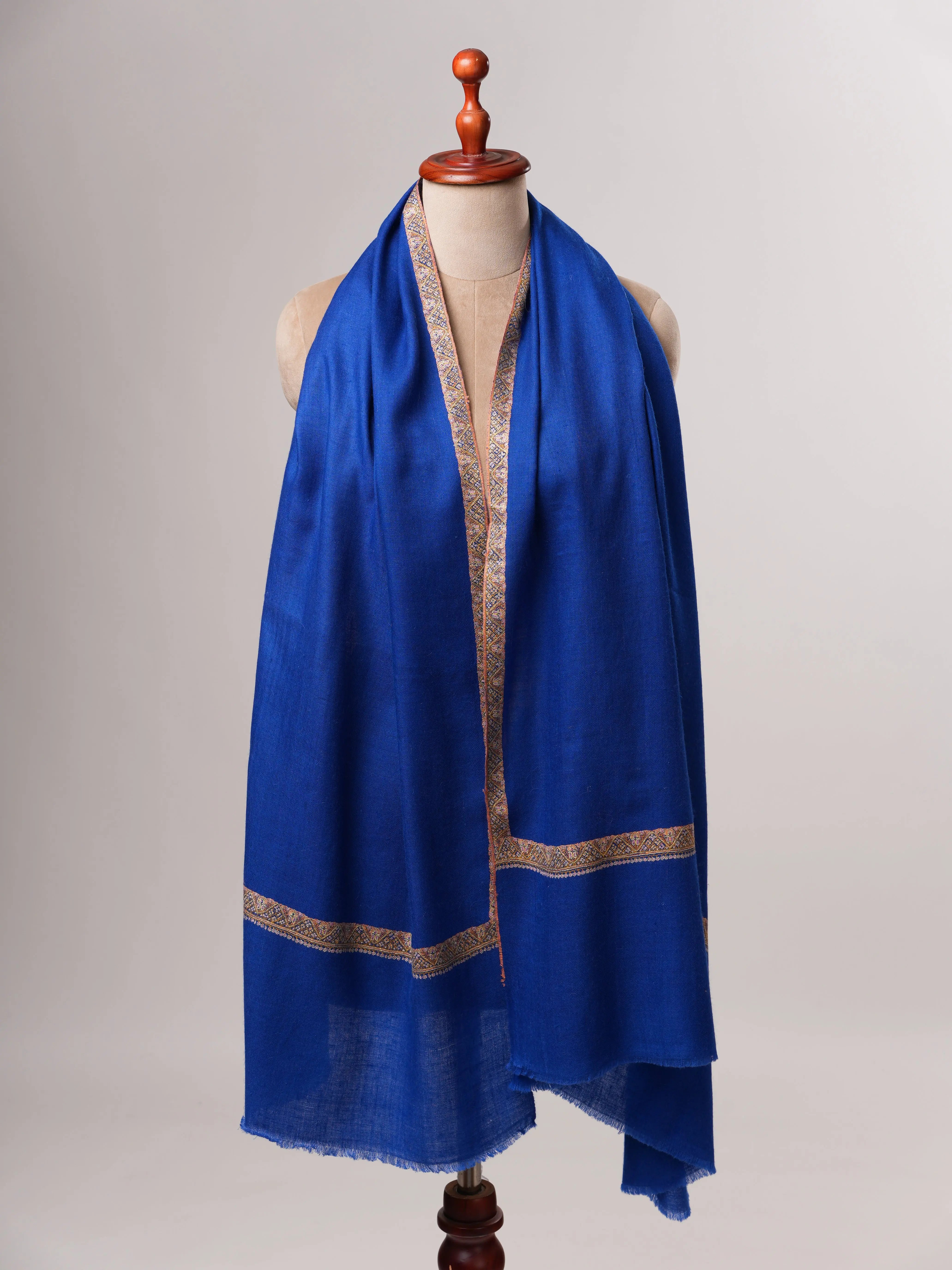 Cobalt Blue Pure Pashmina Shawl with Classic Hashia Embroidery Shahkaar