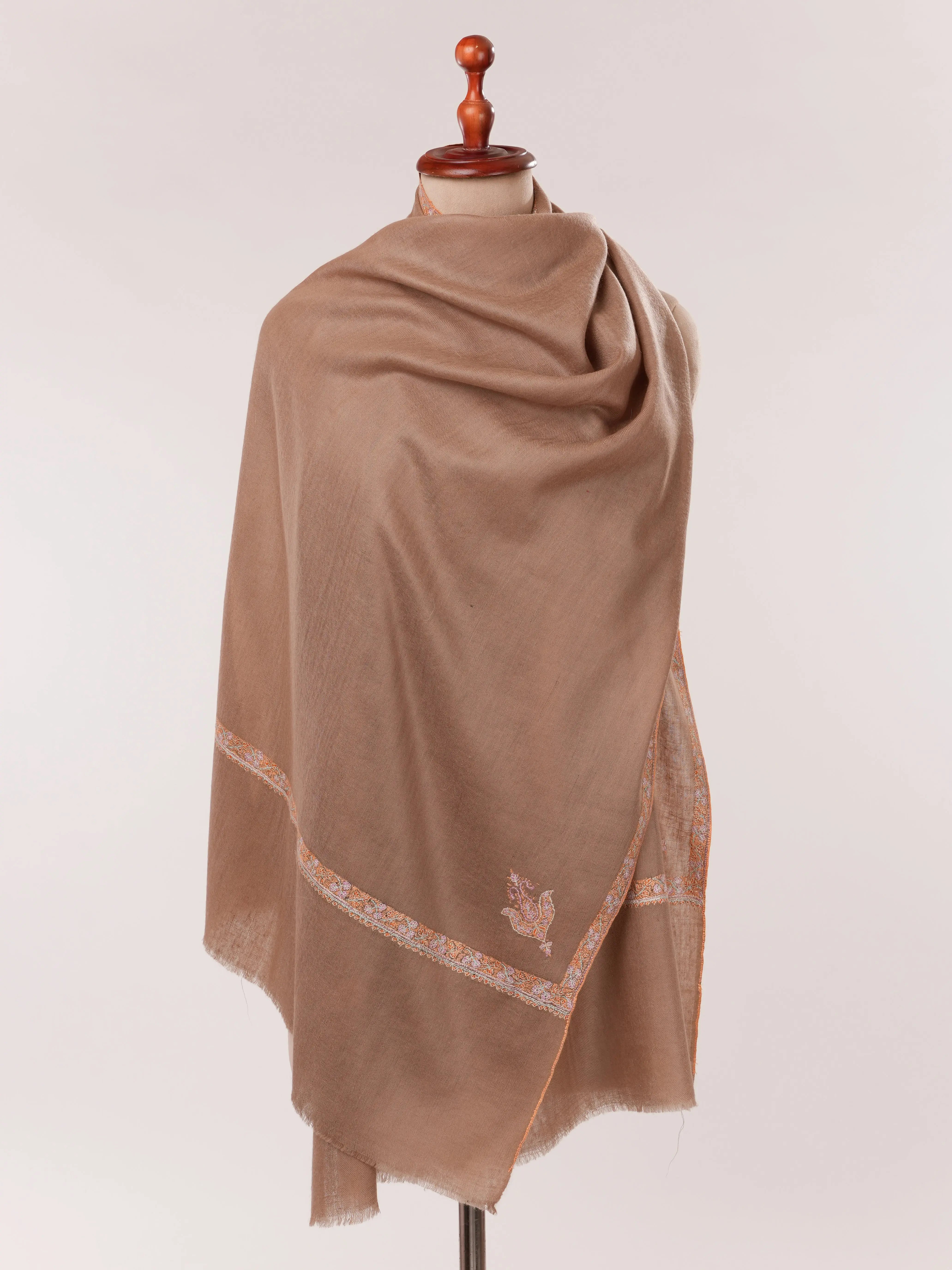 Beige Hand Embroidered Soft Cashmere Scarf Shahkaar.com