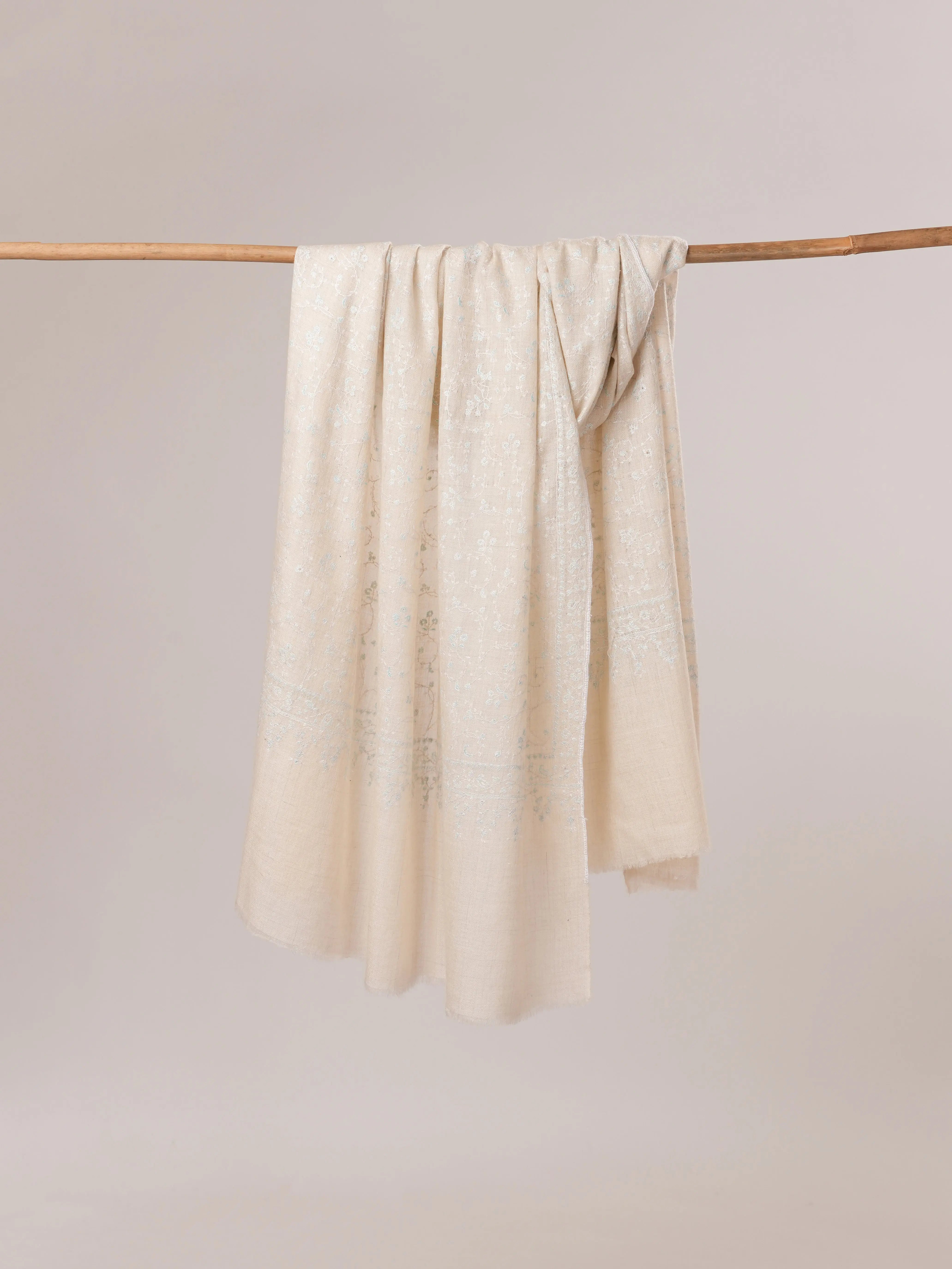 Off White Pure Pashmina Shawl with All Over Jali Hand Embroidery Shahkaar.com
