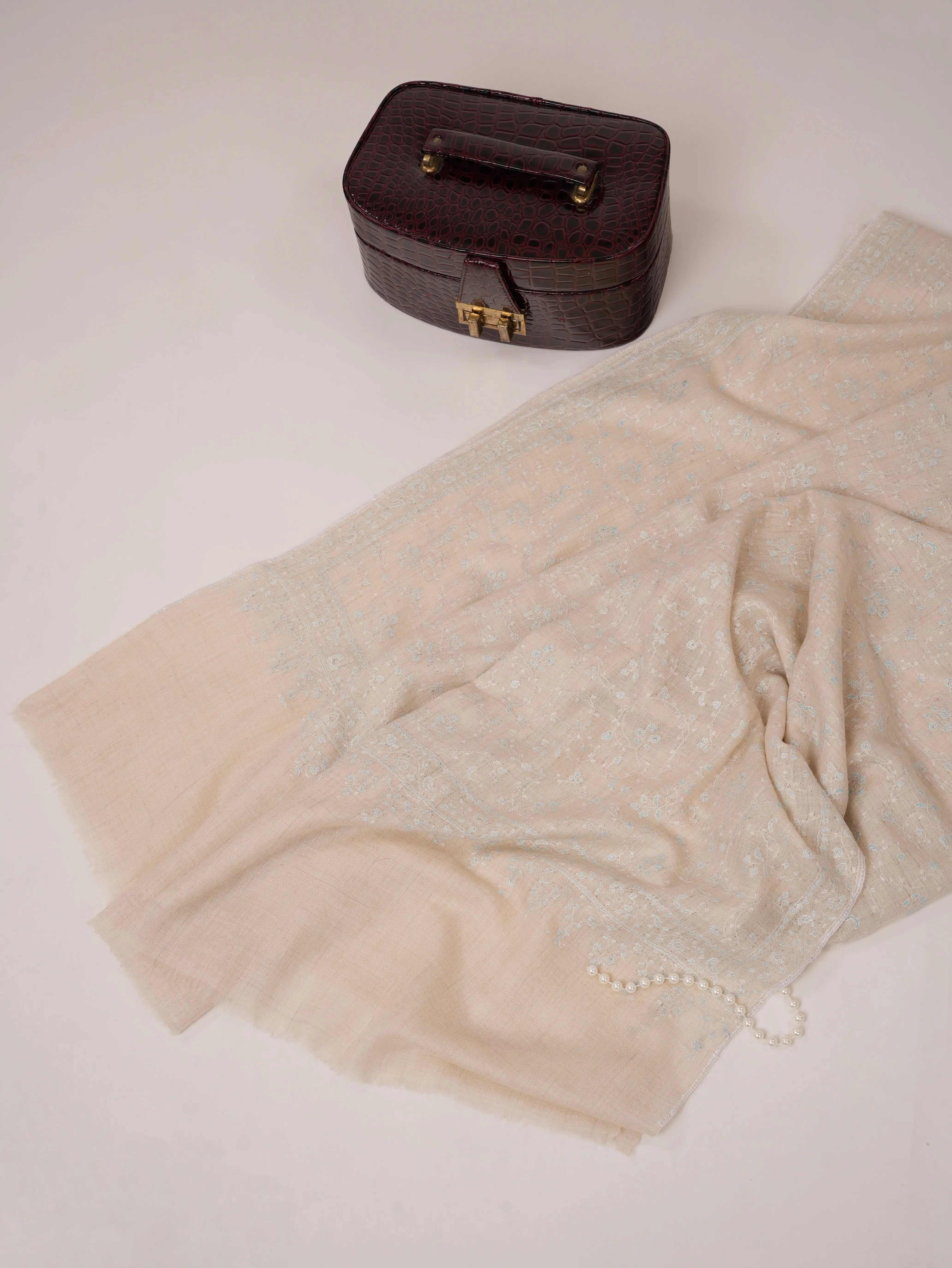 Off White Pure Pashmina Shawl with All Over Jali Hand Embroidery Shahkaar.com