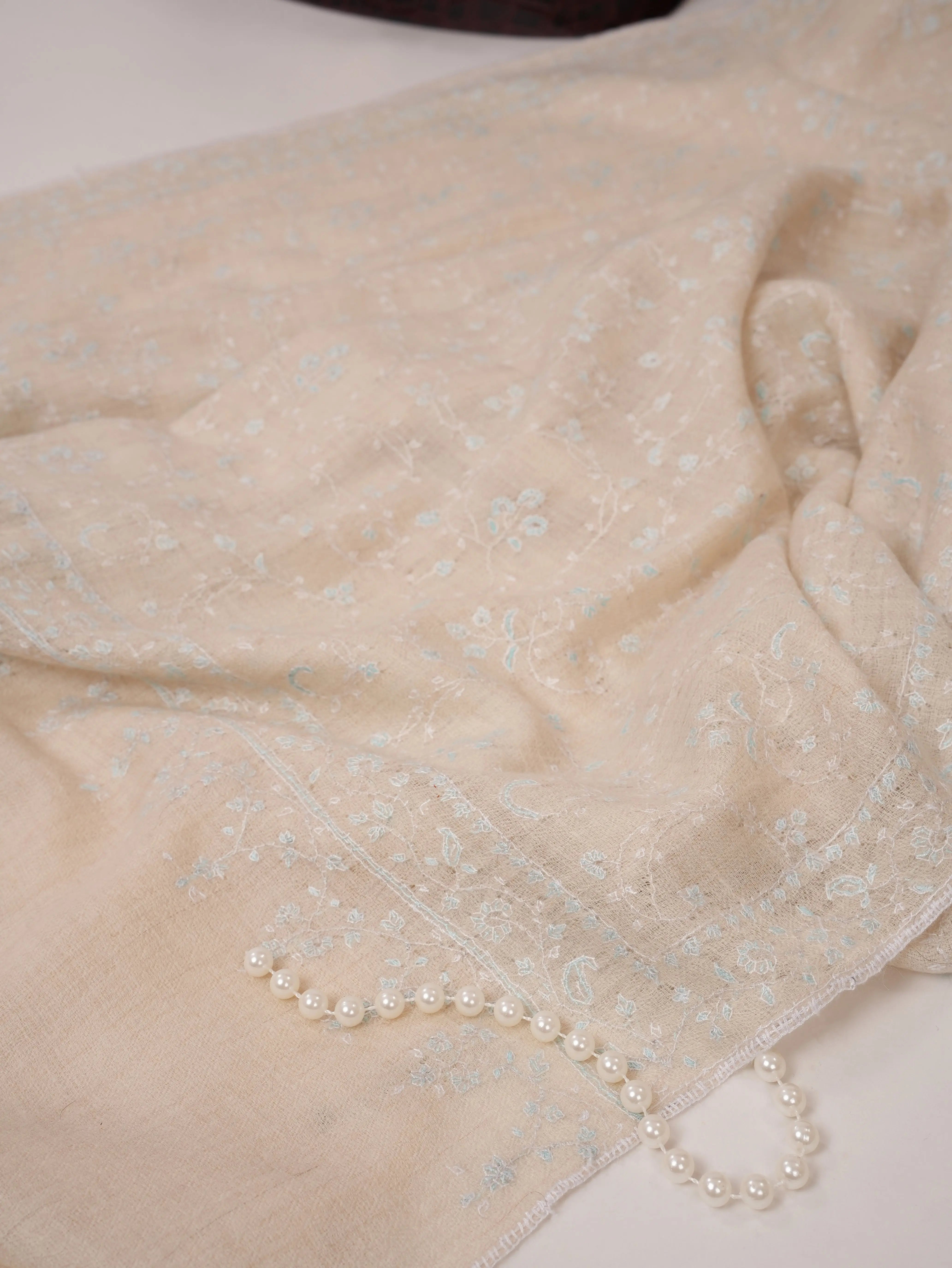 Off White Pure Pashmina Shawl with All Over Jali Hand Embroidery Shahkaar.com