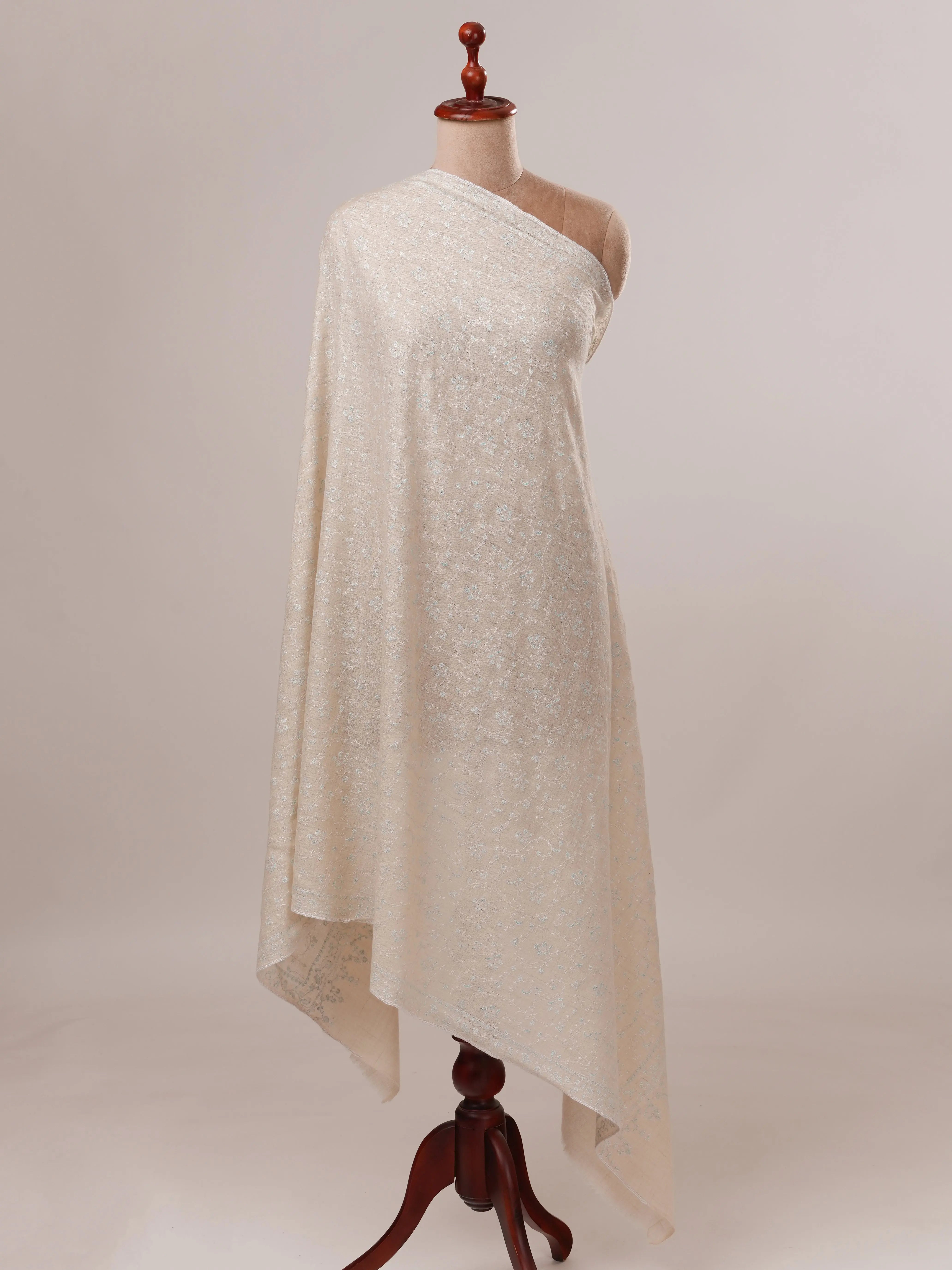Off White Pure Pashmina Shawl with All Over Jali Hand Embroidery Shahkaar.com