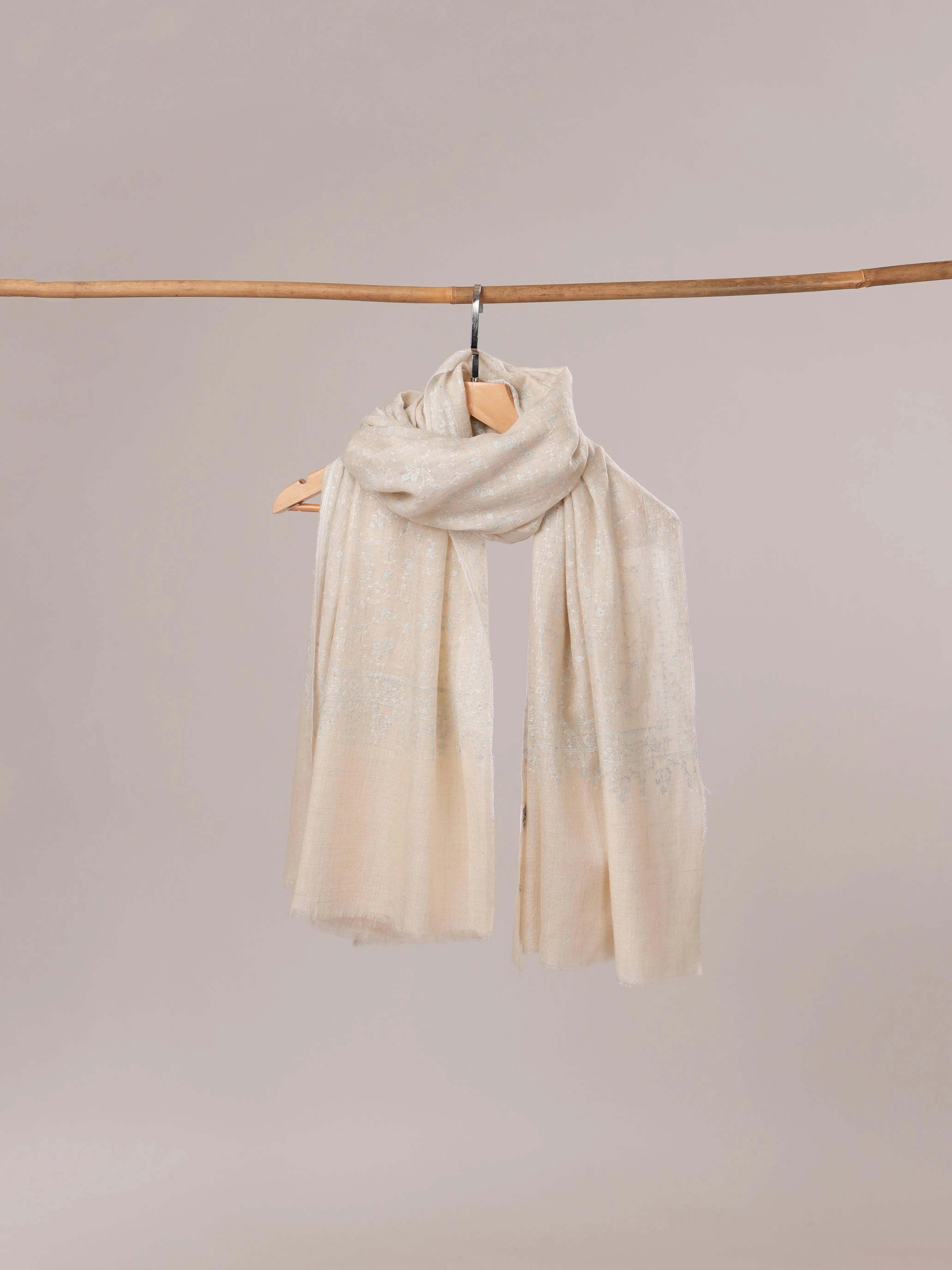 Off White Pure Pashmina Shawl with All Over Jali Hand Embroidery Shahkaar.com
