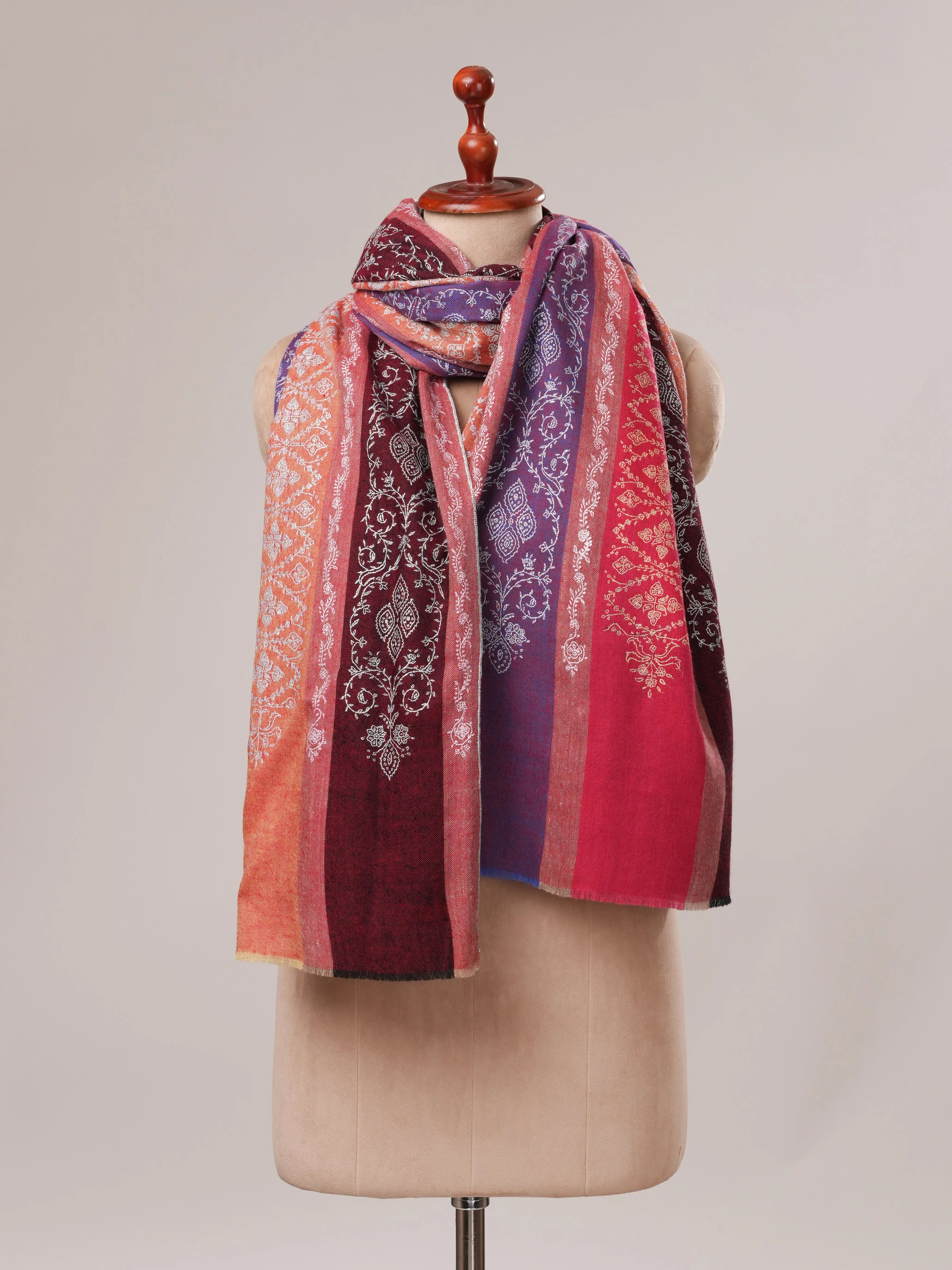 Striped All Over Jali Hand Embroidered Pashmina Shawl Shahkaar.com