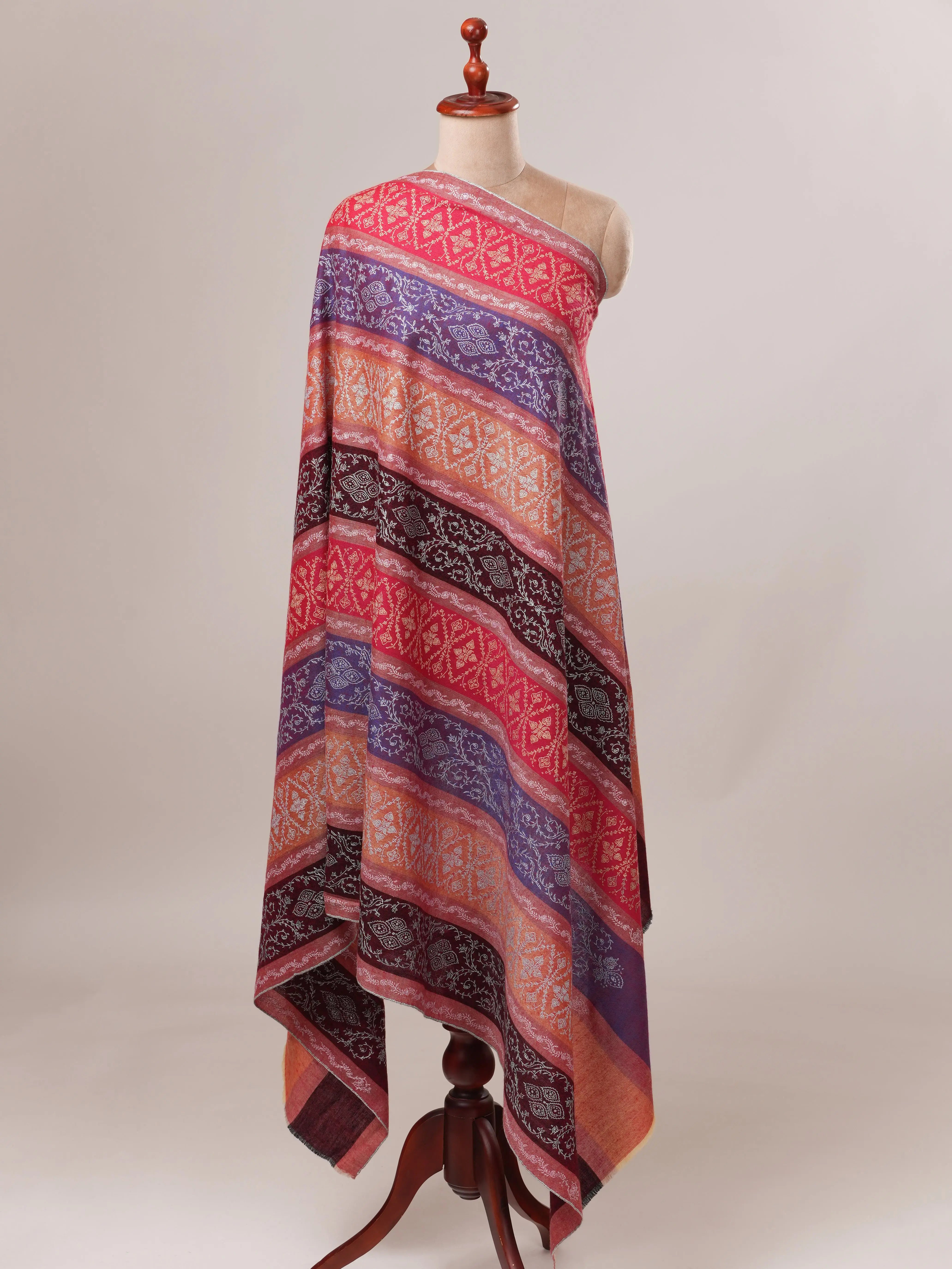 Striped All Over Jali Hand Embroidered Pashmina Shawl Shahkaar.com