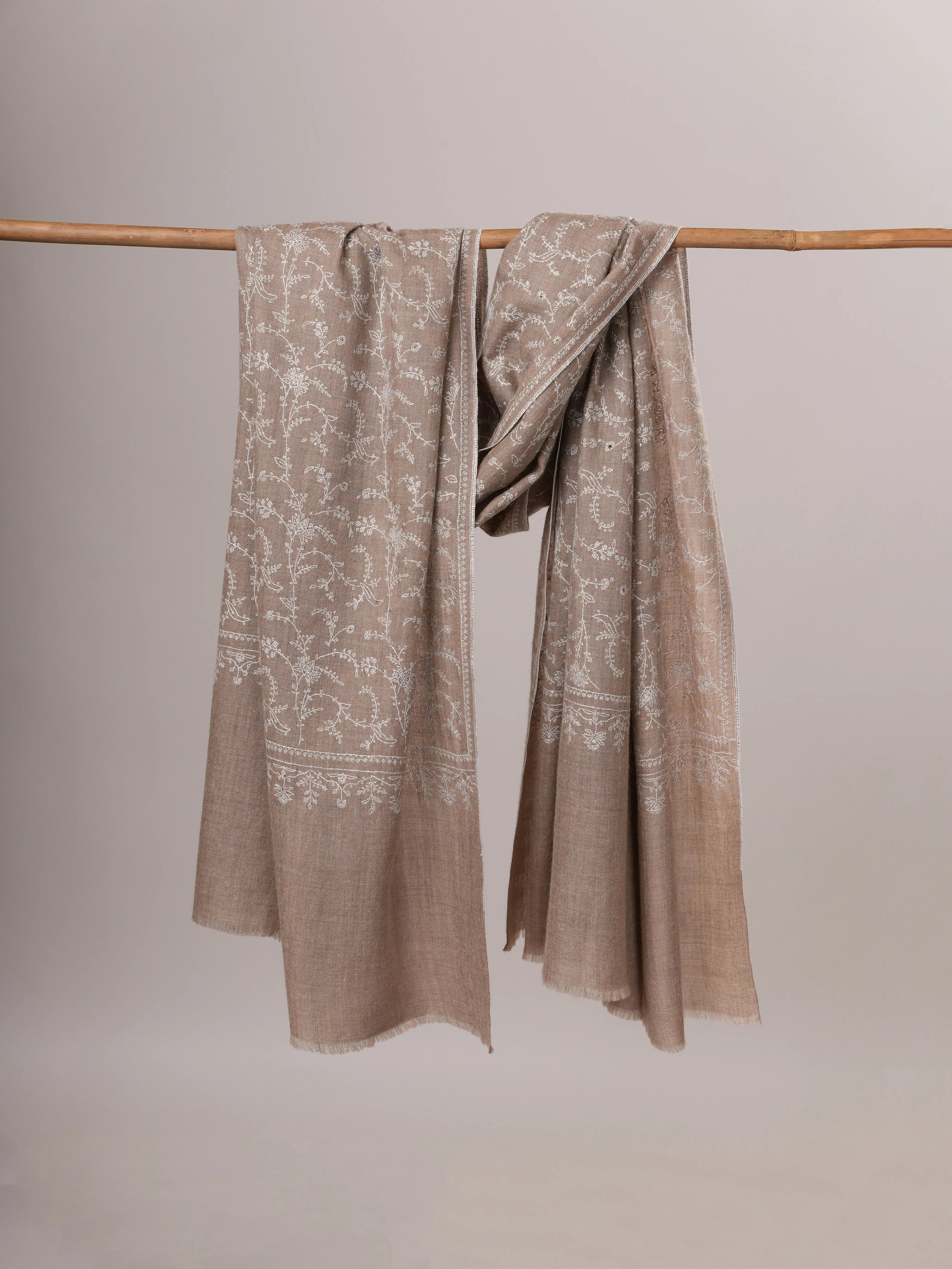 Natural Grey Pashmina Jali Shawl with White Hand Sozni Embroidery Shahkaar Global