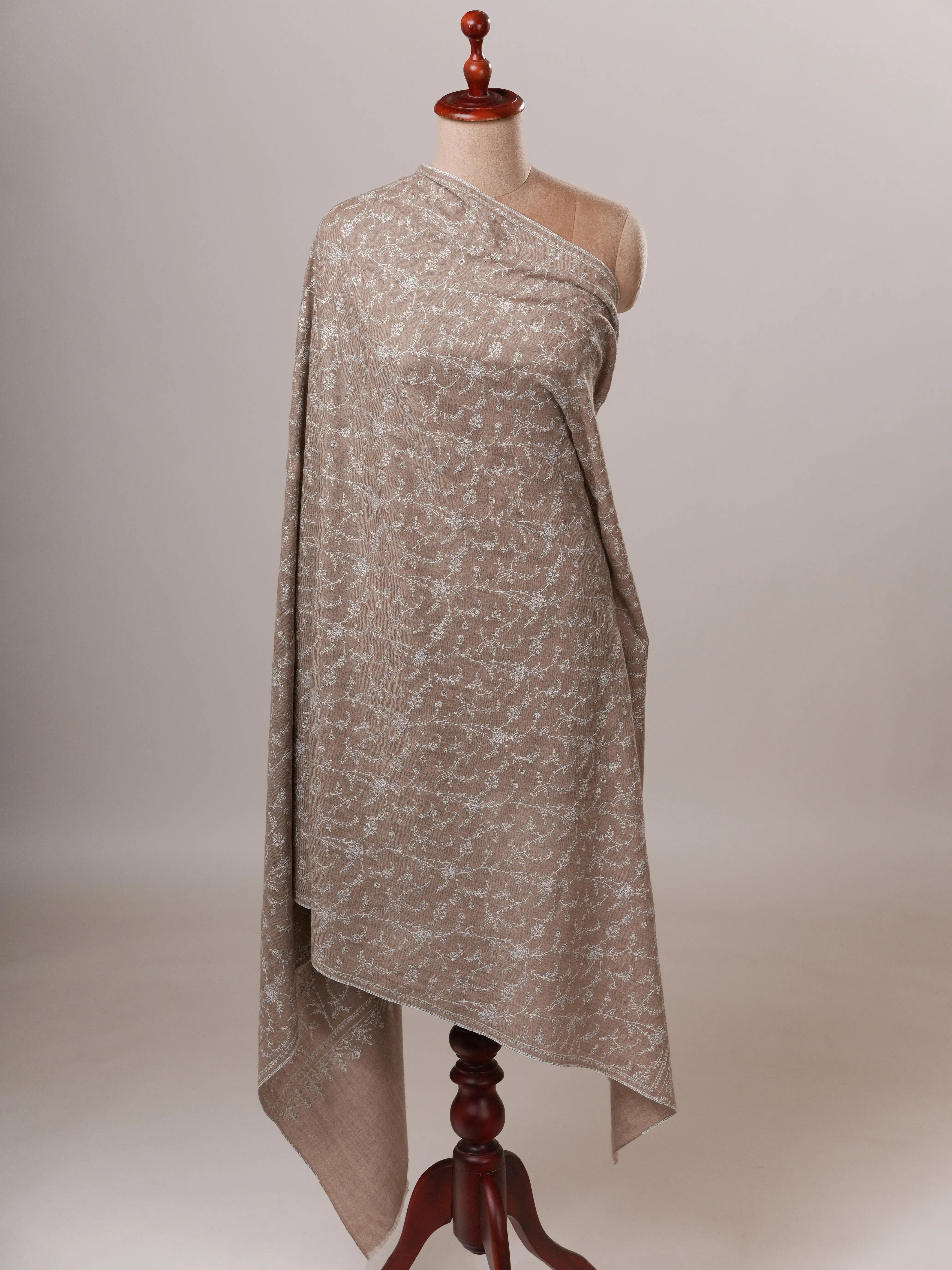 Natural Grey Pashmina Jali Shawl with White Hand Sozni Embroidery Shahkaar Global