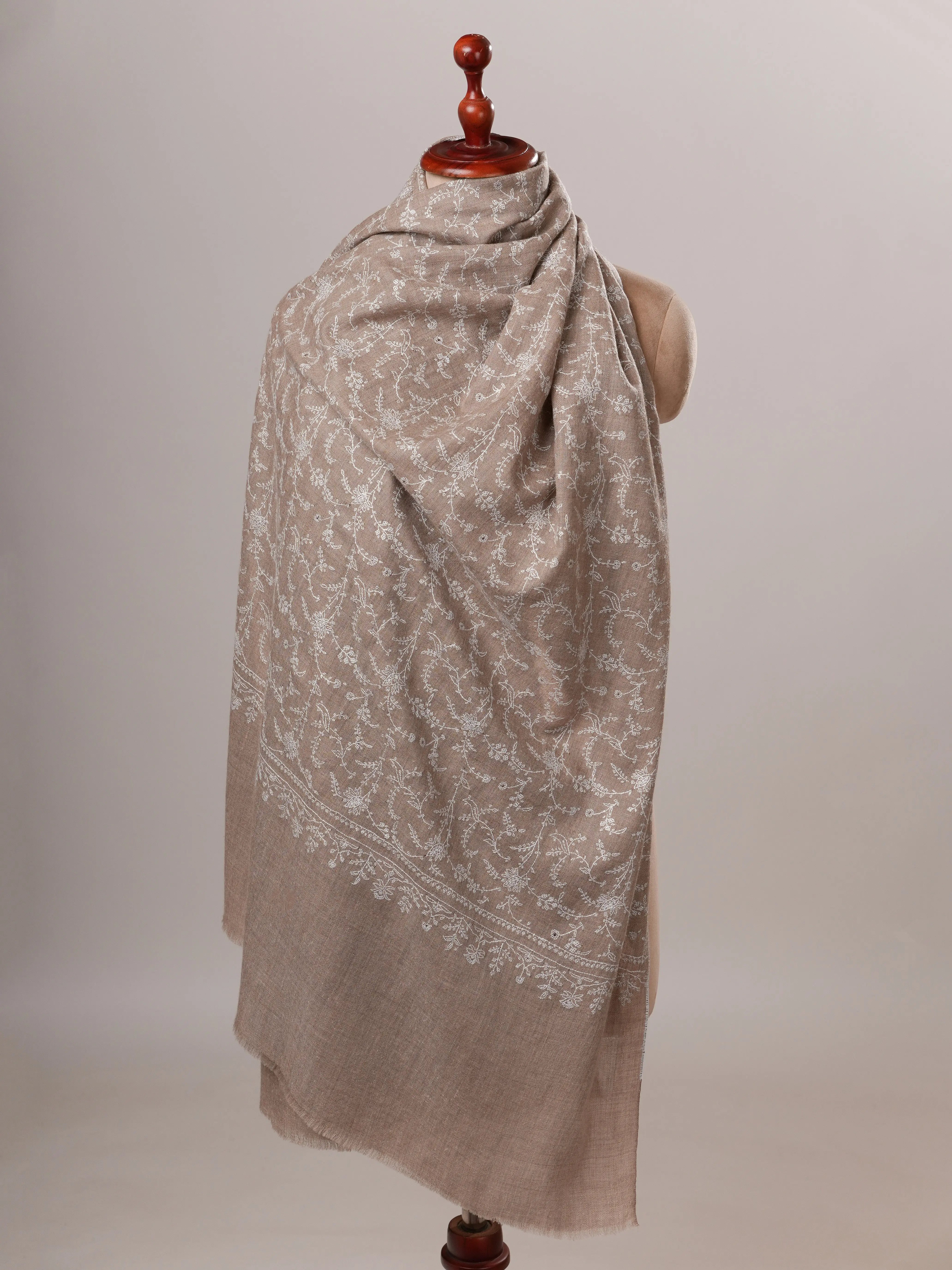 Natural Grey Pashmina Jali Shawl with White Hand Sozni Embroidery Shahkaar Global