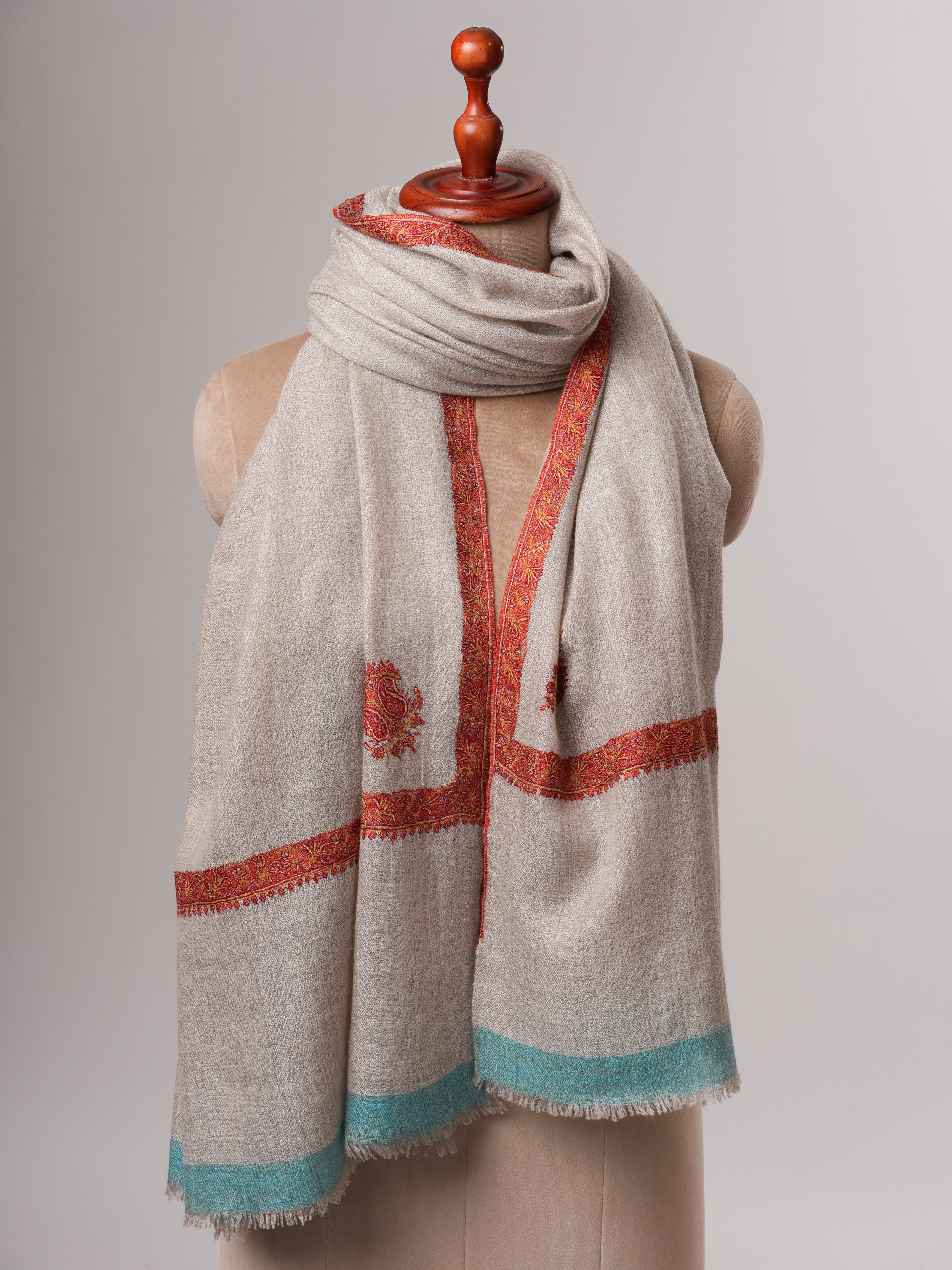 Natural Grey Pashmina Shawl with Blue Ends and Classic Hashia Hand Embroidery Shahkaar