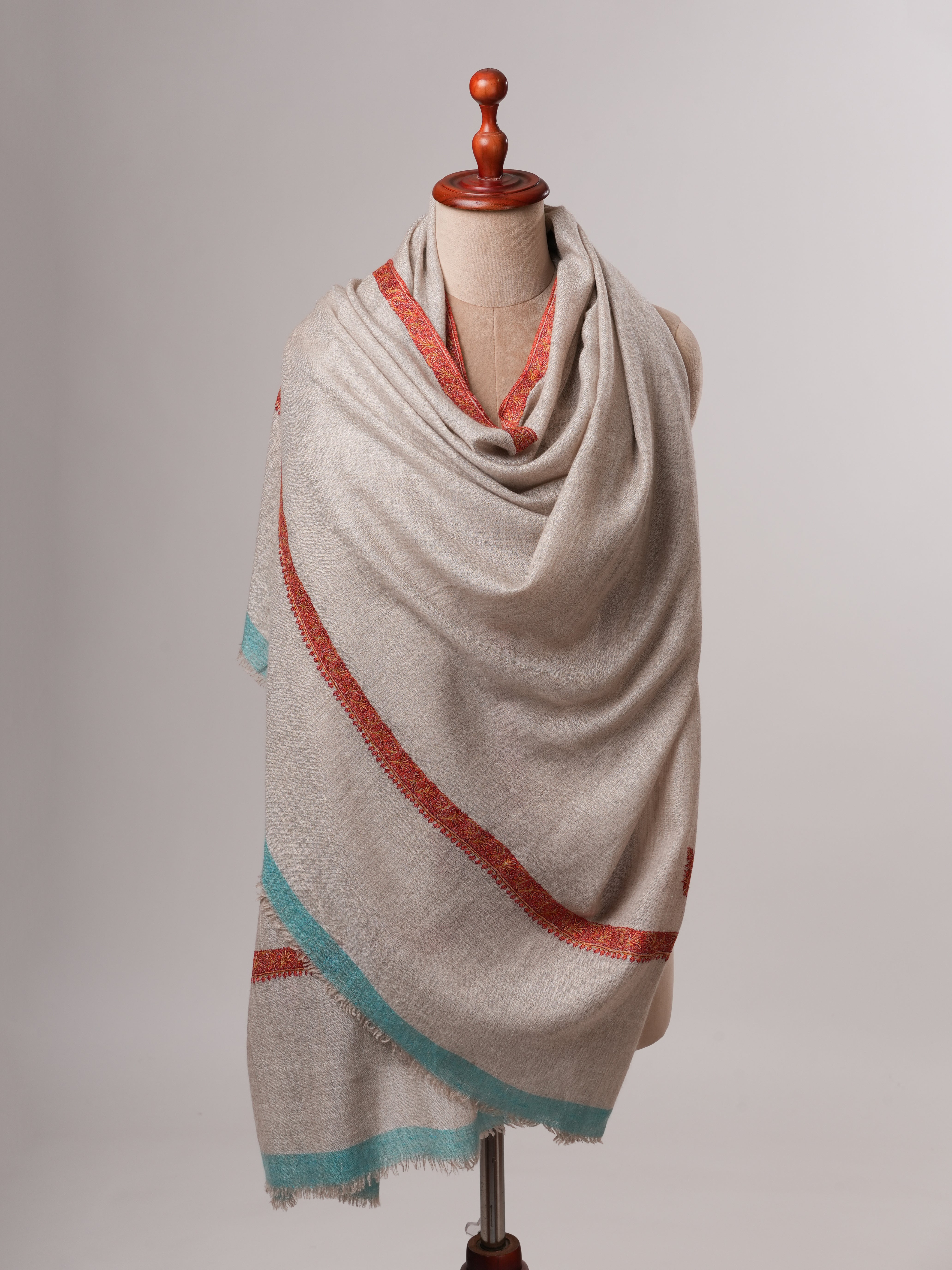 Natural Grey Pashmina Shawl with Blue Ends and Classic Hashia Hand Embroidery Shahkaar