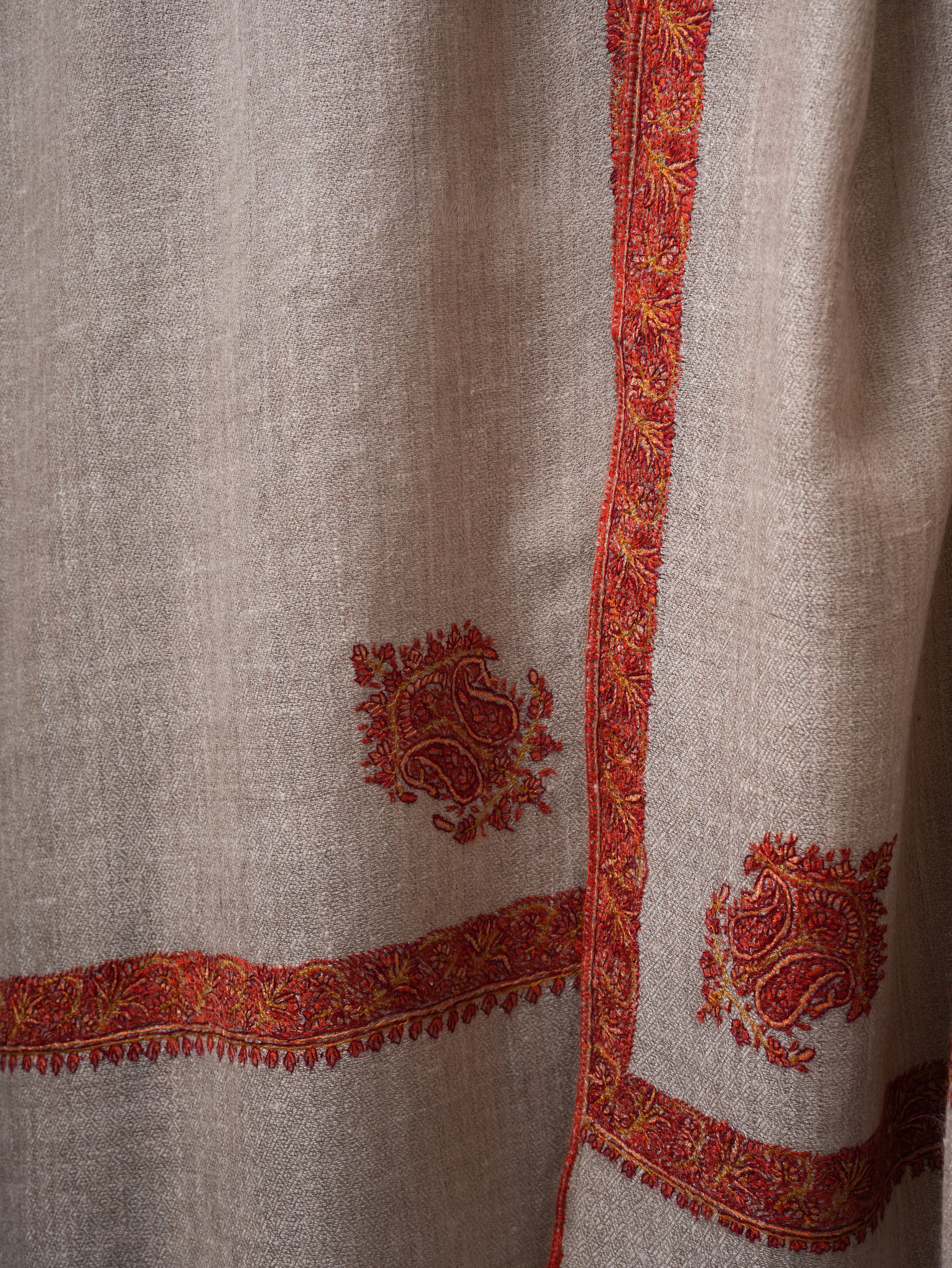 Natural Grey Pashmina Shawl with Blue Ends and Classic Hashia Hand Embroidery Shahkaar