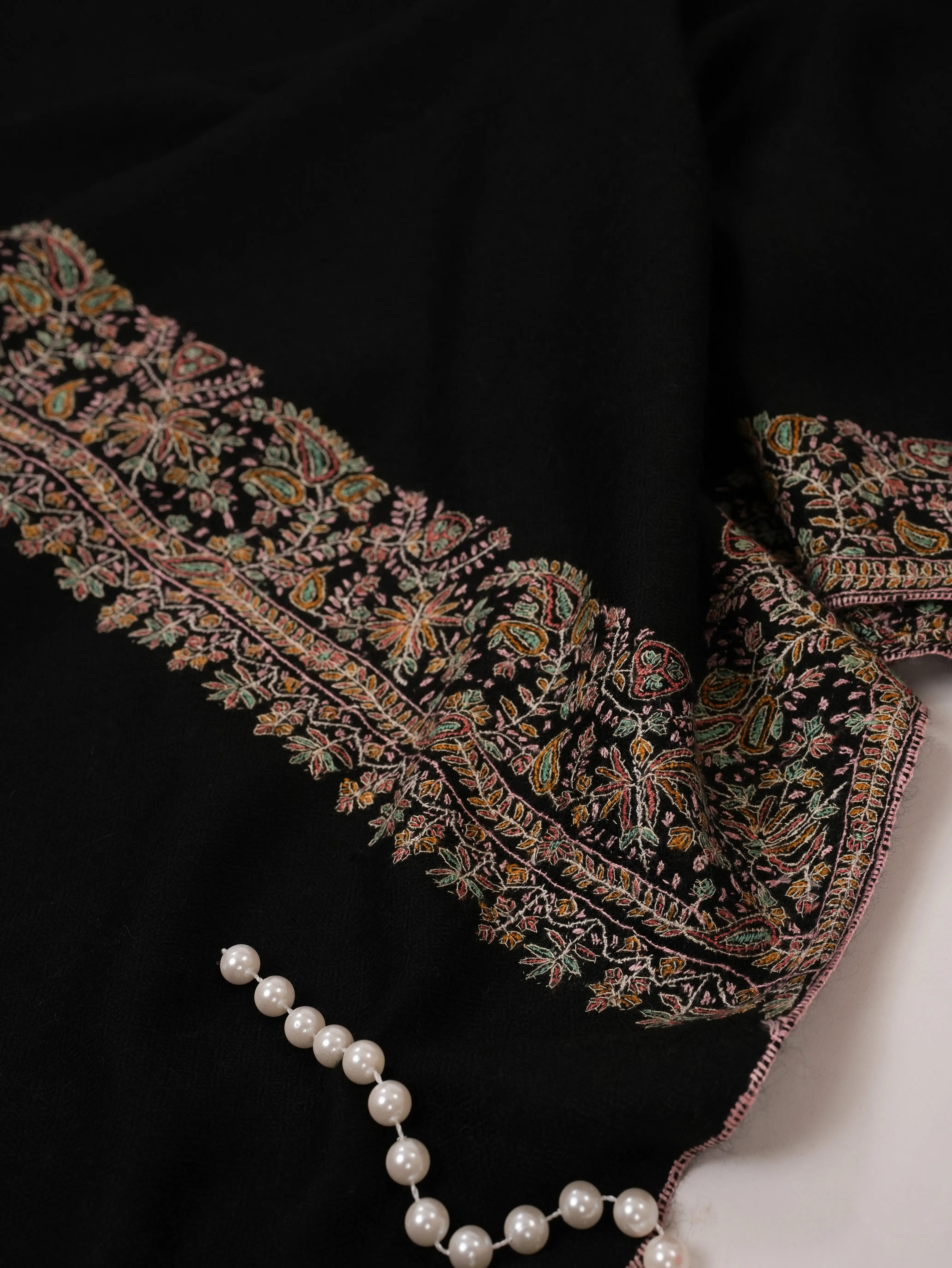 Black Neemdaur Hand Embroidered Pure Pashmina Shawl Shahkaar.com