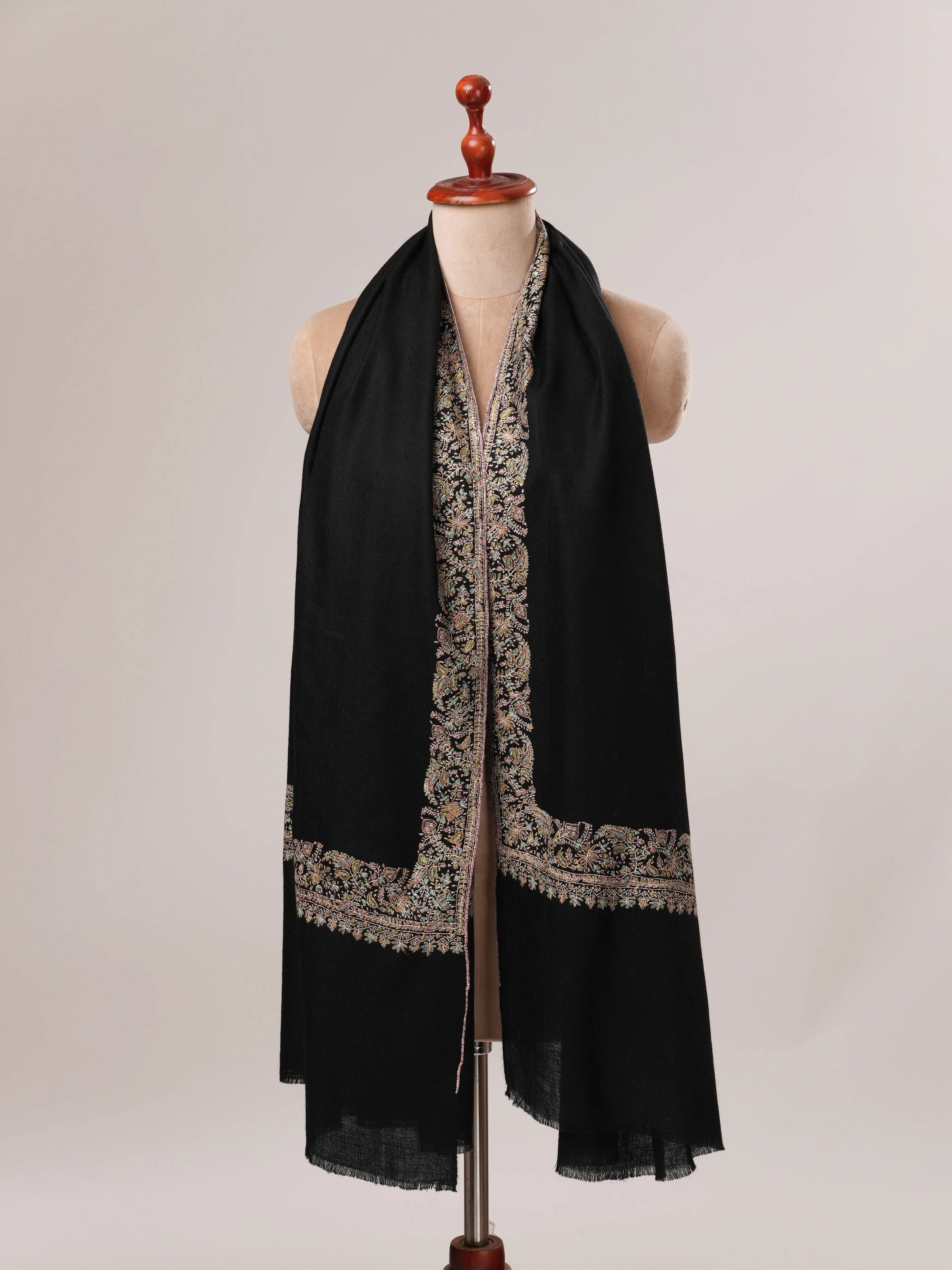 Black Neemdaur Hand Embroidered Pure Pashmina Shawl Shahkaar.com