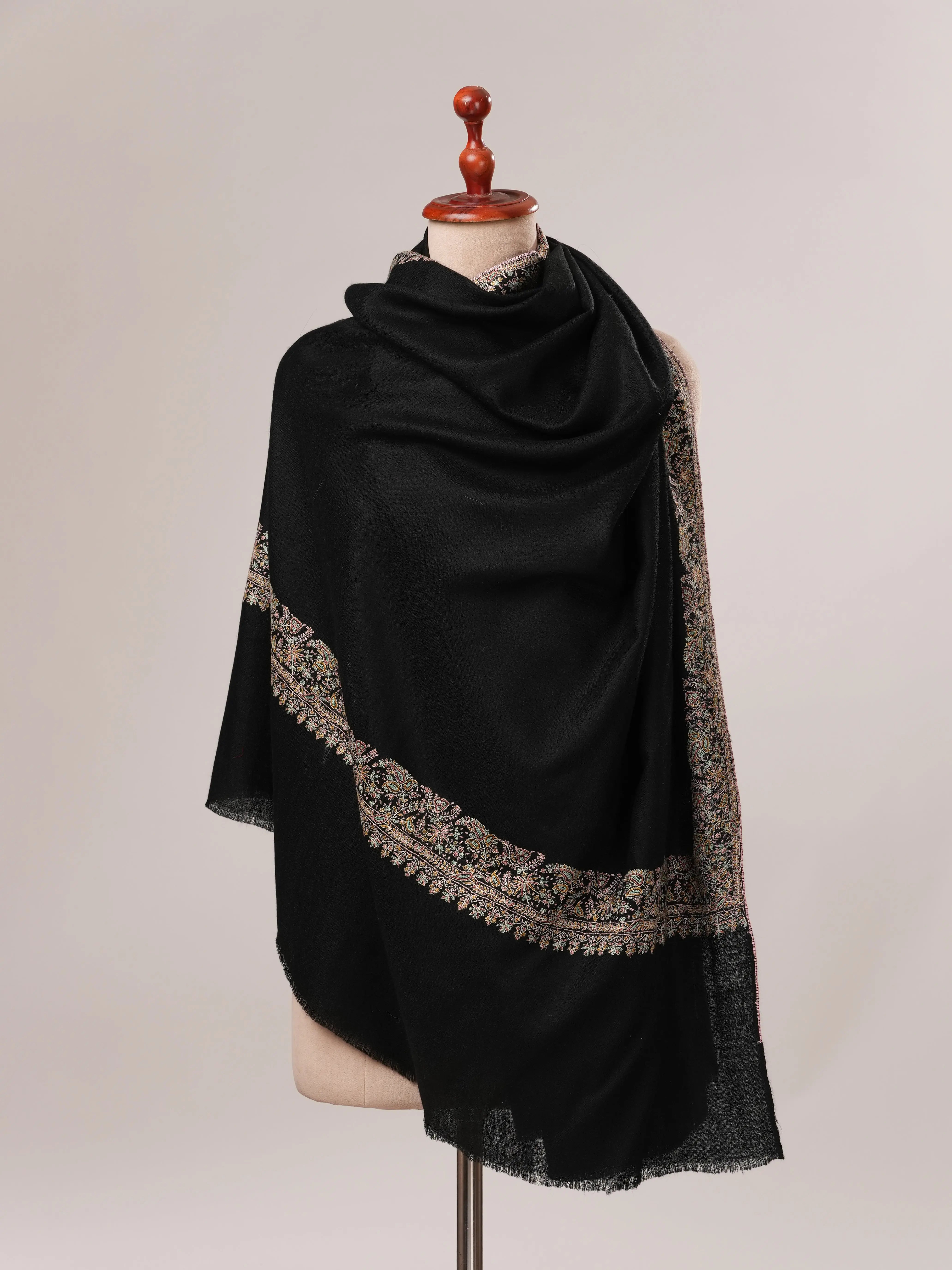 Black Neemdaur Hand Embroidered Pure Pashmina Shawl Shahkaar.com