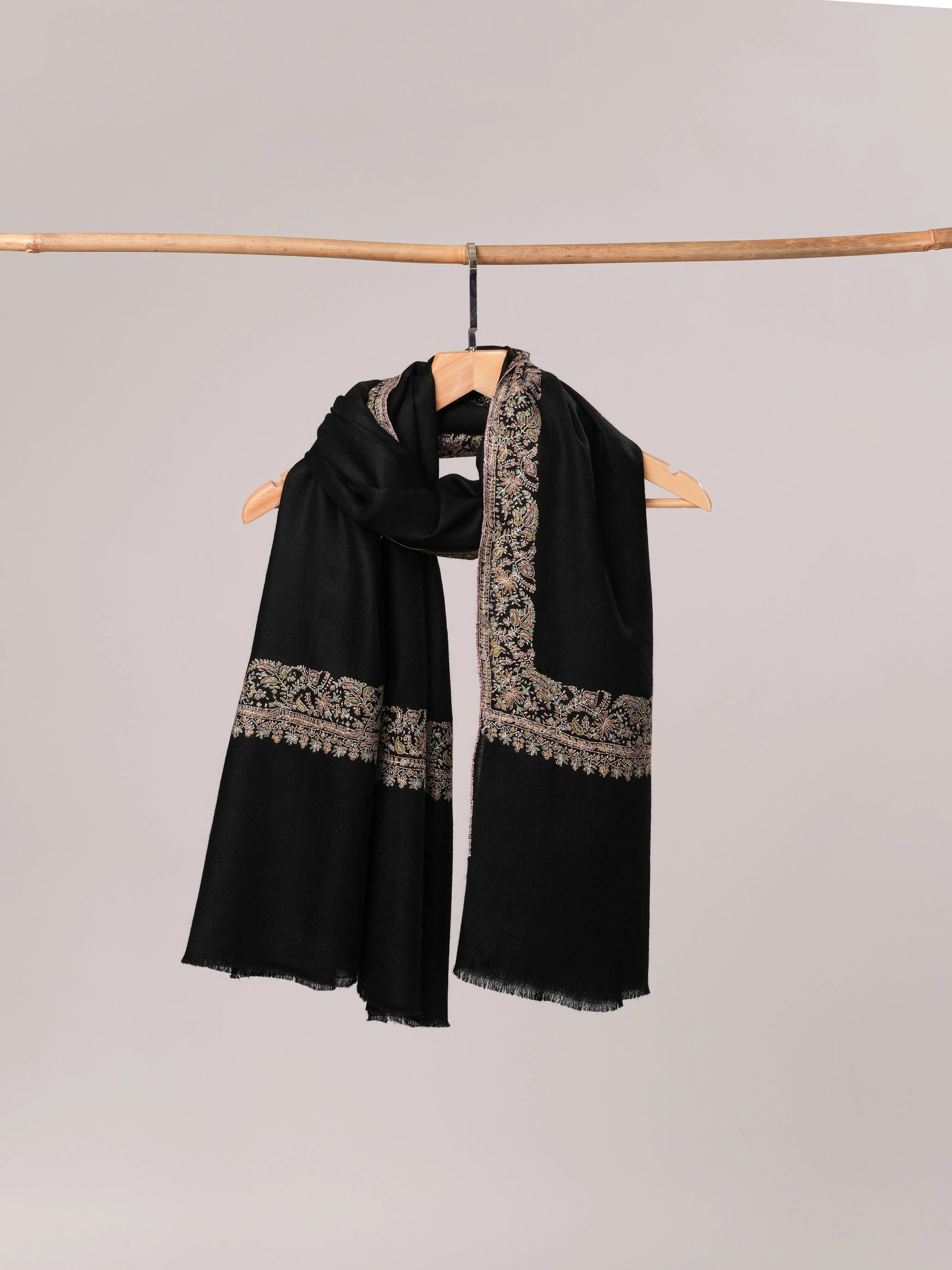Black Neemdaur Hand Embroidered Pure Pashmina Shawl Shahkaar.com
