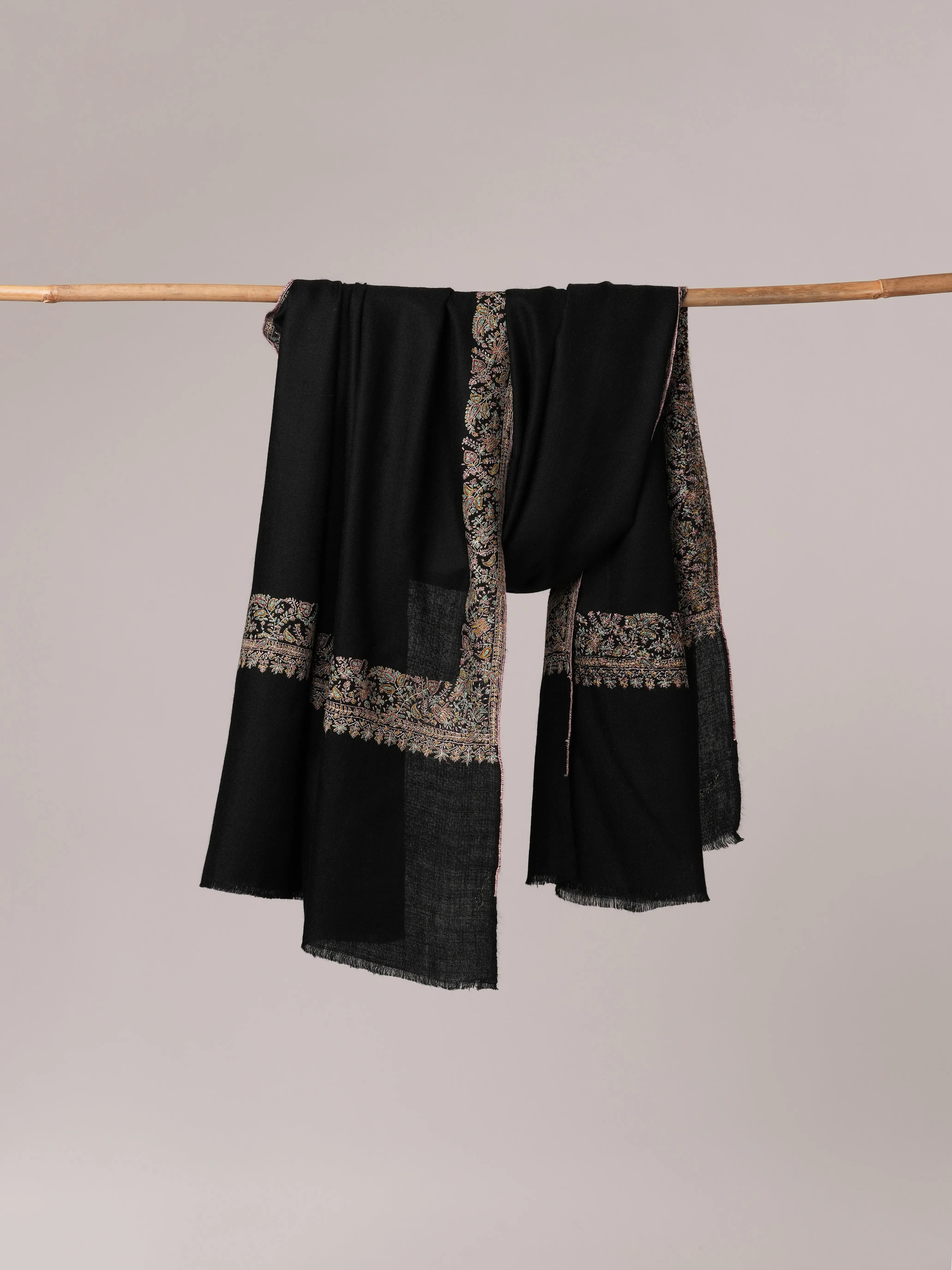 Black Neemdaur Hand Embroidered Pure Pashmina Shawl Shahkaar.com