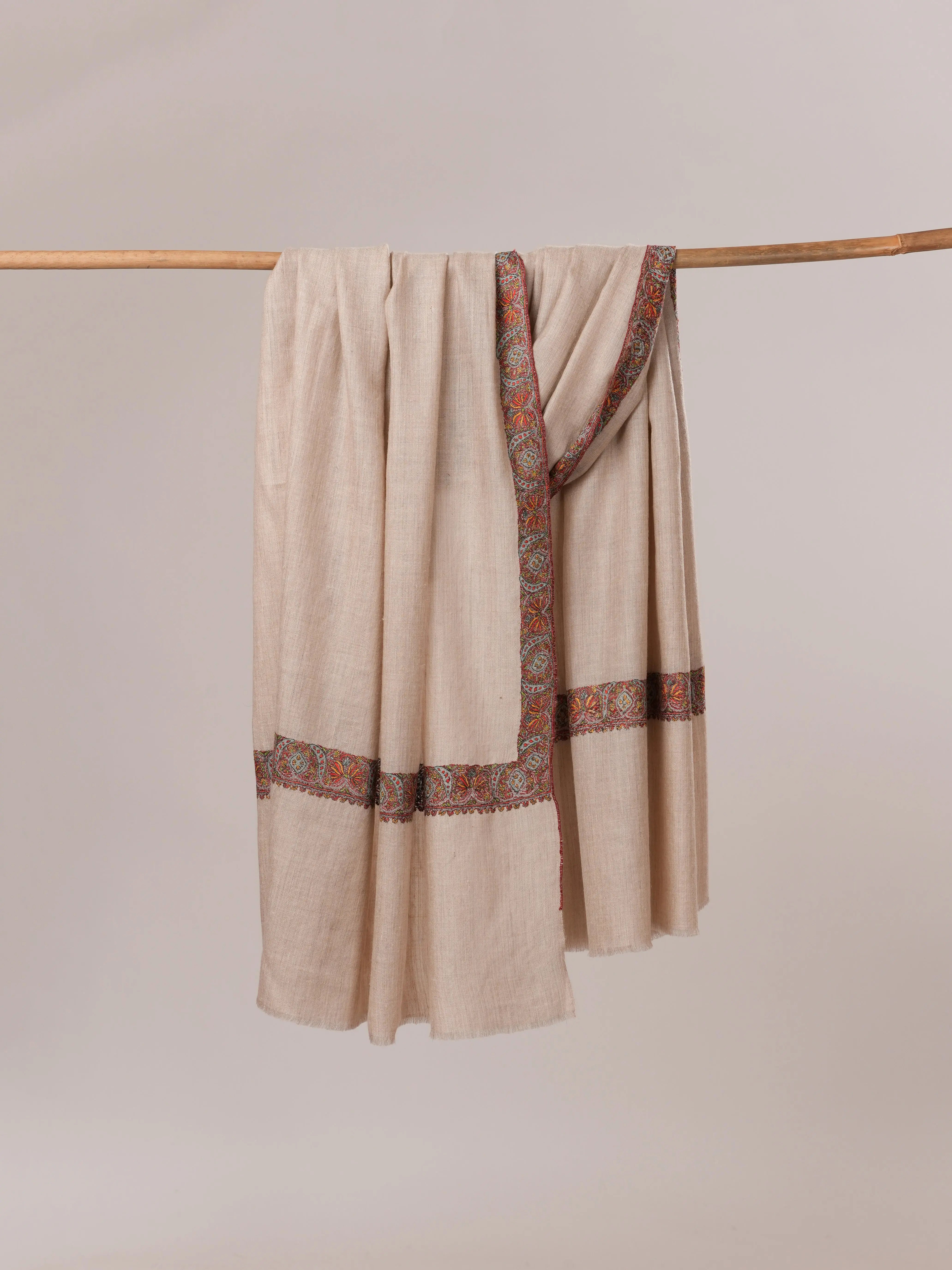 Natural Grey Neemdaur Hand Embroidered Pashmina Shawl Shahkaar.com