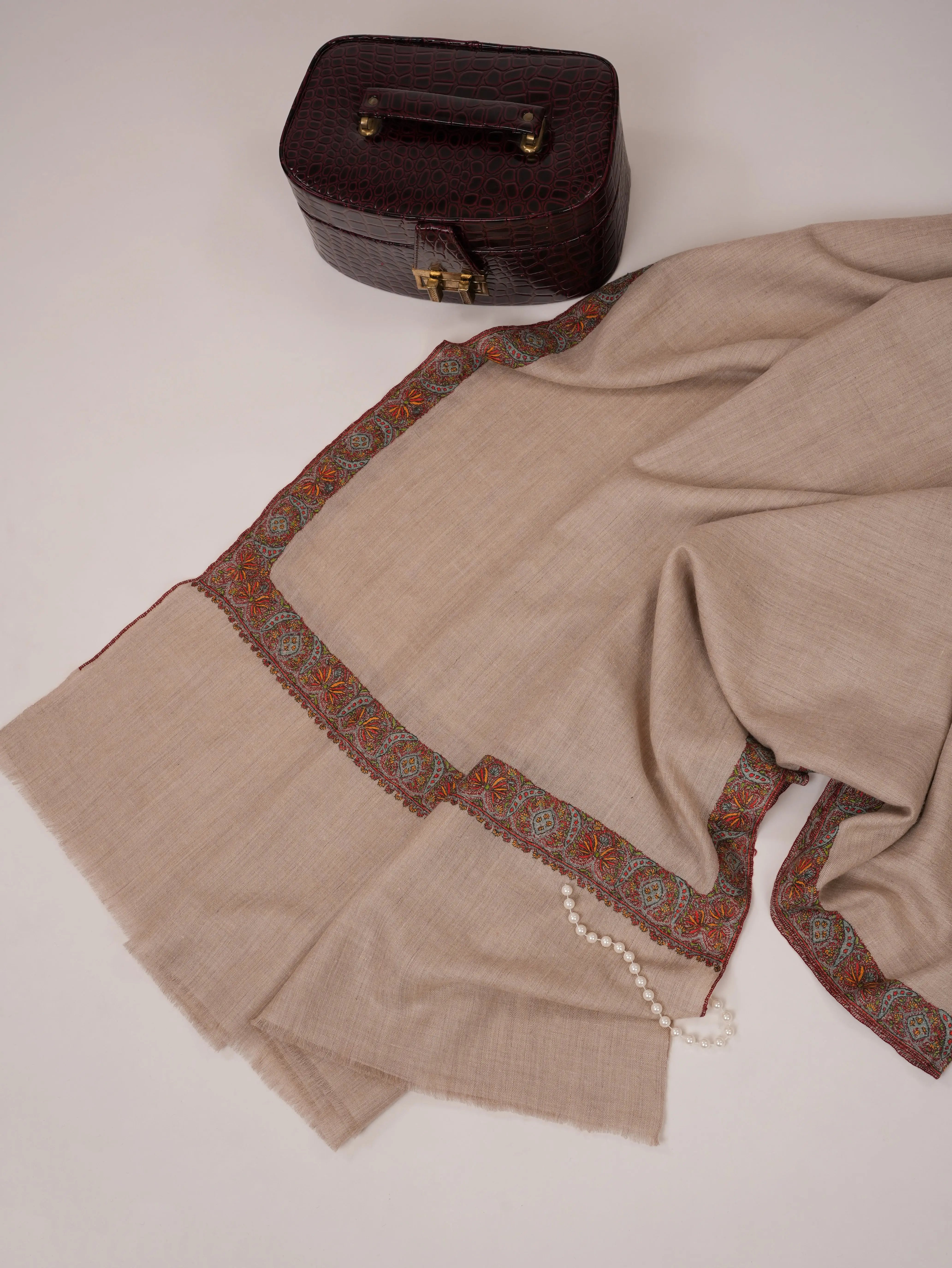 Natural Grey Neemdaur Hand Embroidered Pashmina Shawl Shahkaar.com