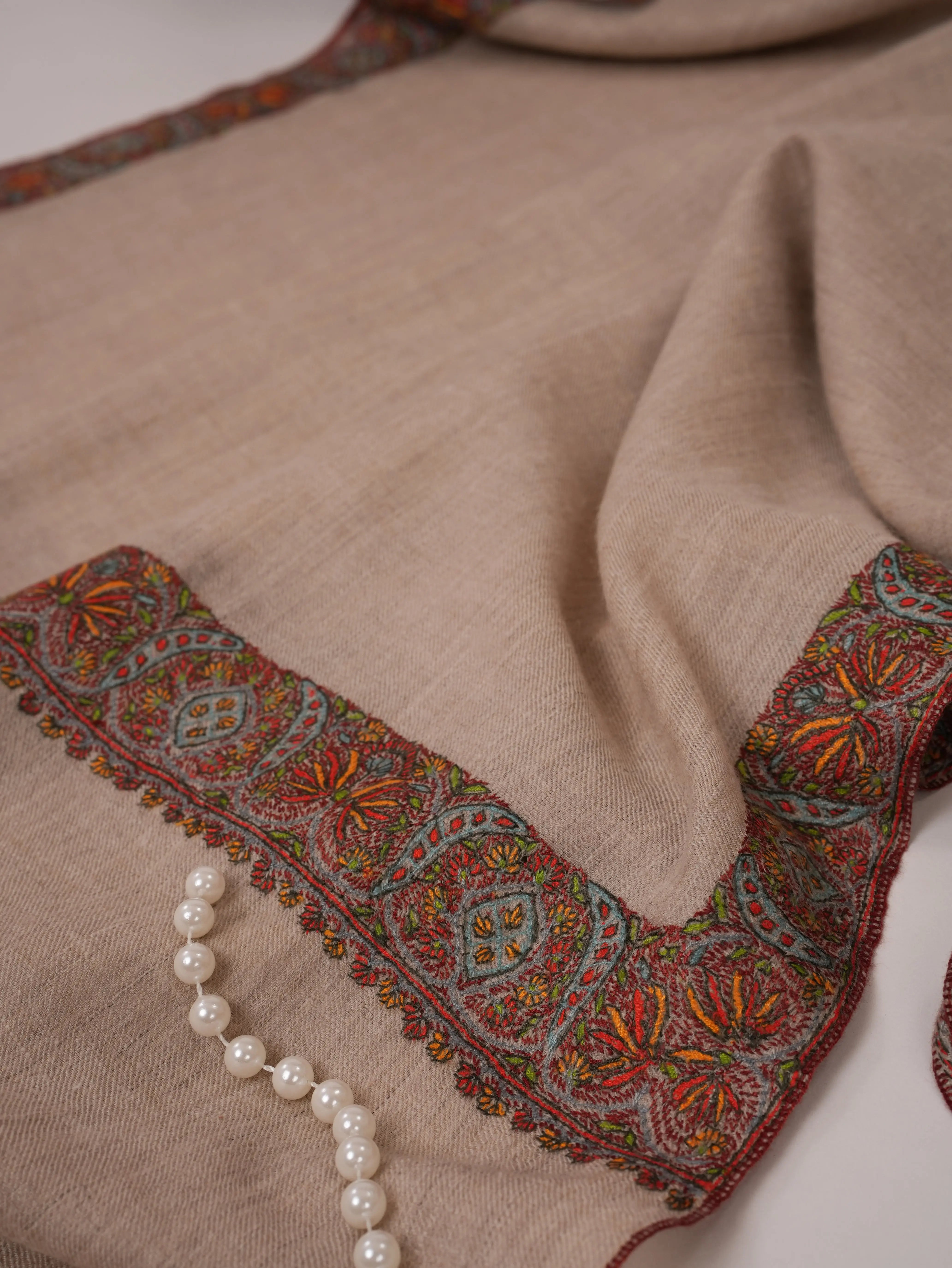 Natural Grey Neemdaur Hand Embroidered Pashmina Shawl Shahkaar.com