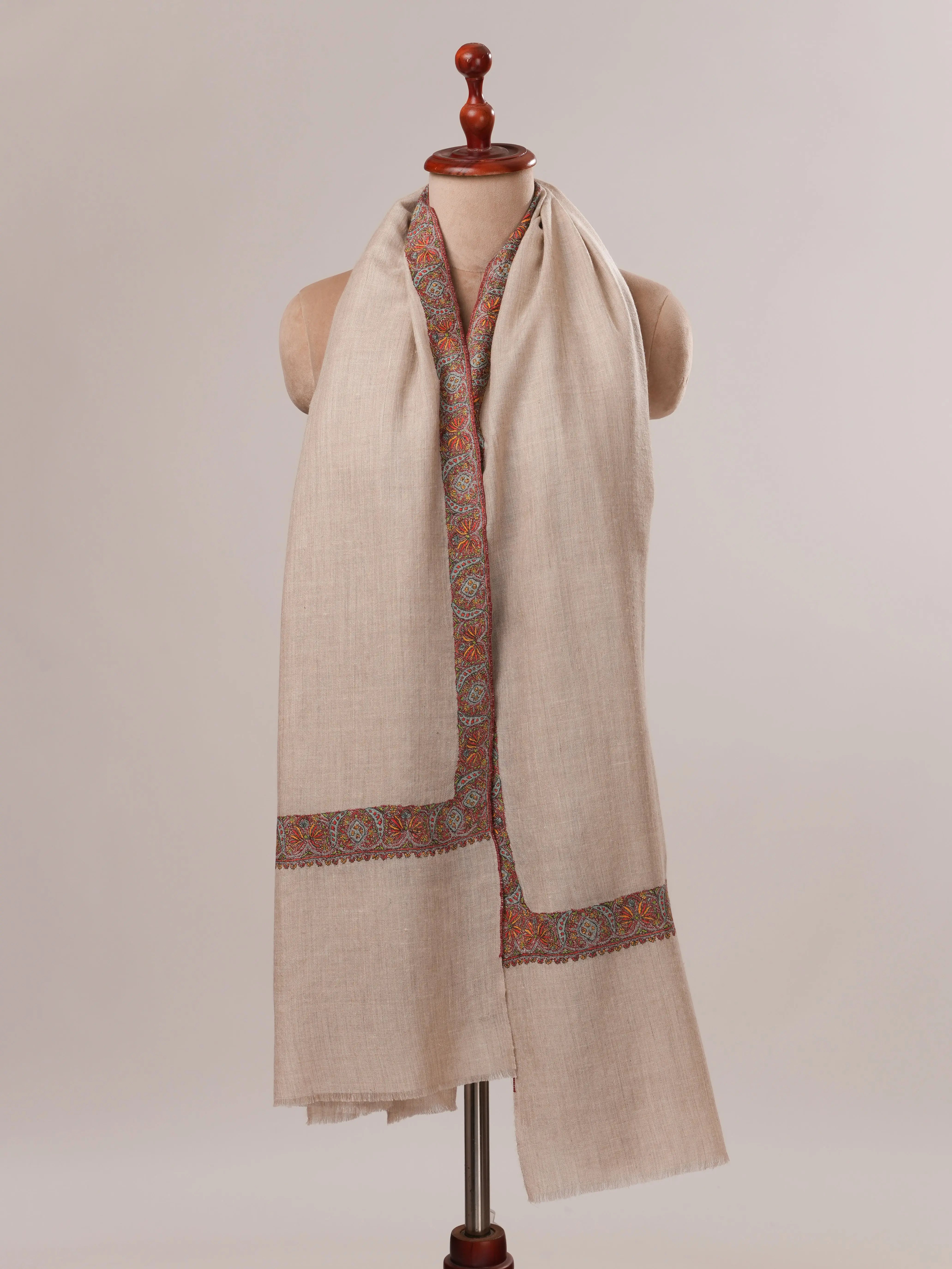 Natural Grey Neemdaur Hand Embroidered Pashmina Shawl Shahkaar.com