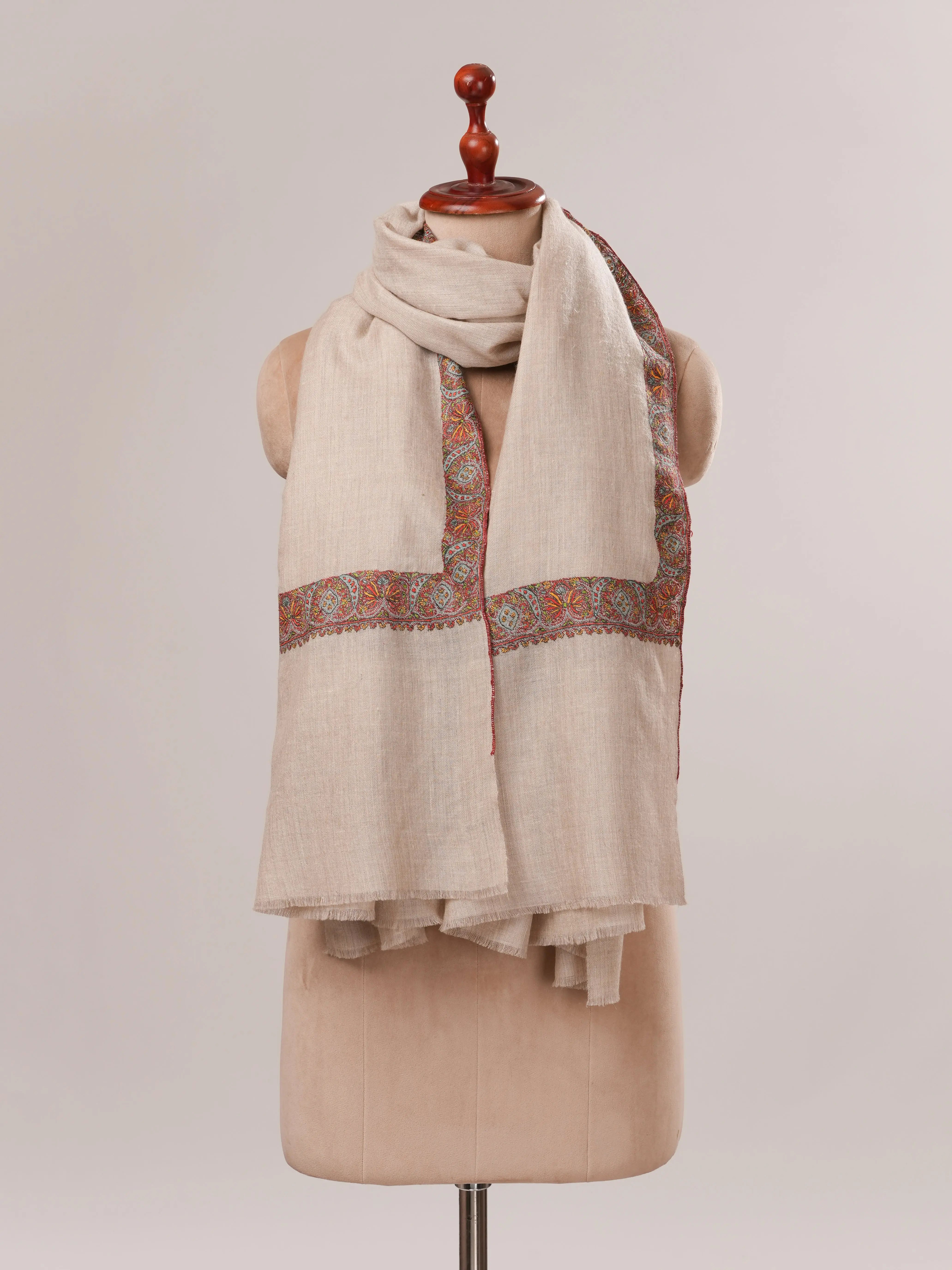 Natural Grey Neemdaur Hand Embroidered Pashmina Shawl Shahkaar.com
