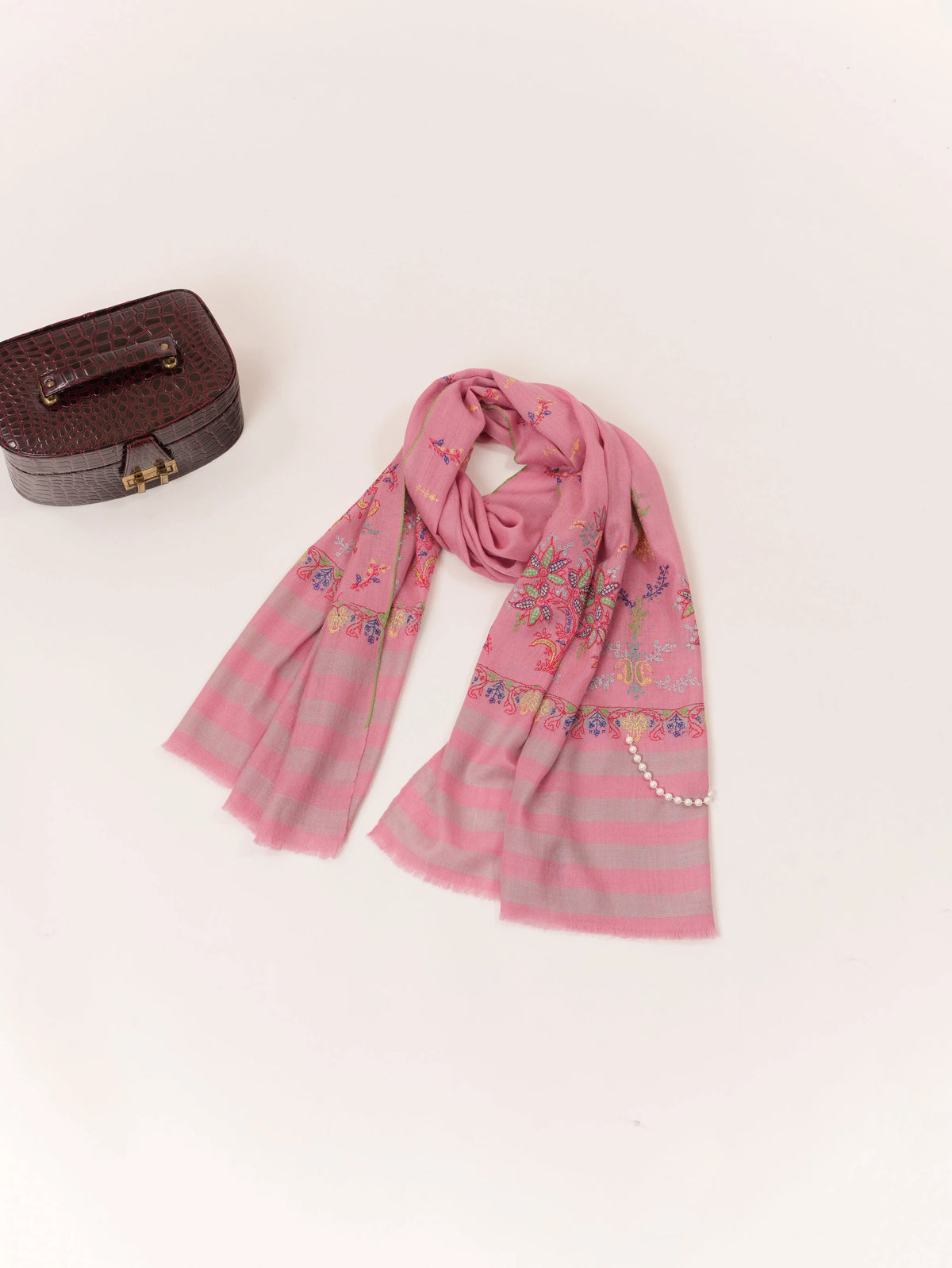 Handwoven Pink Cashmere-Scarf with Kashmiri Hand Palla Embroidery Shahkaar.com