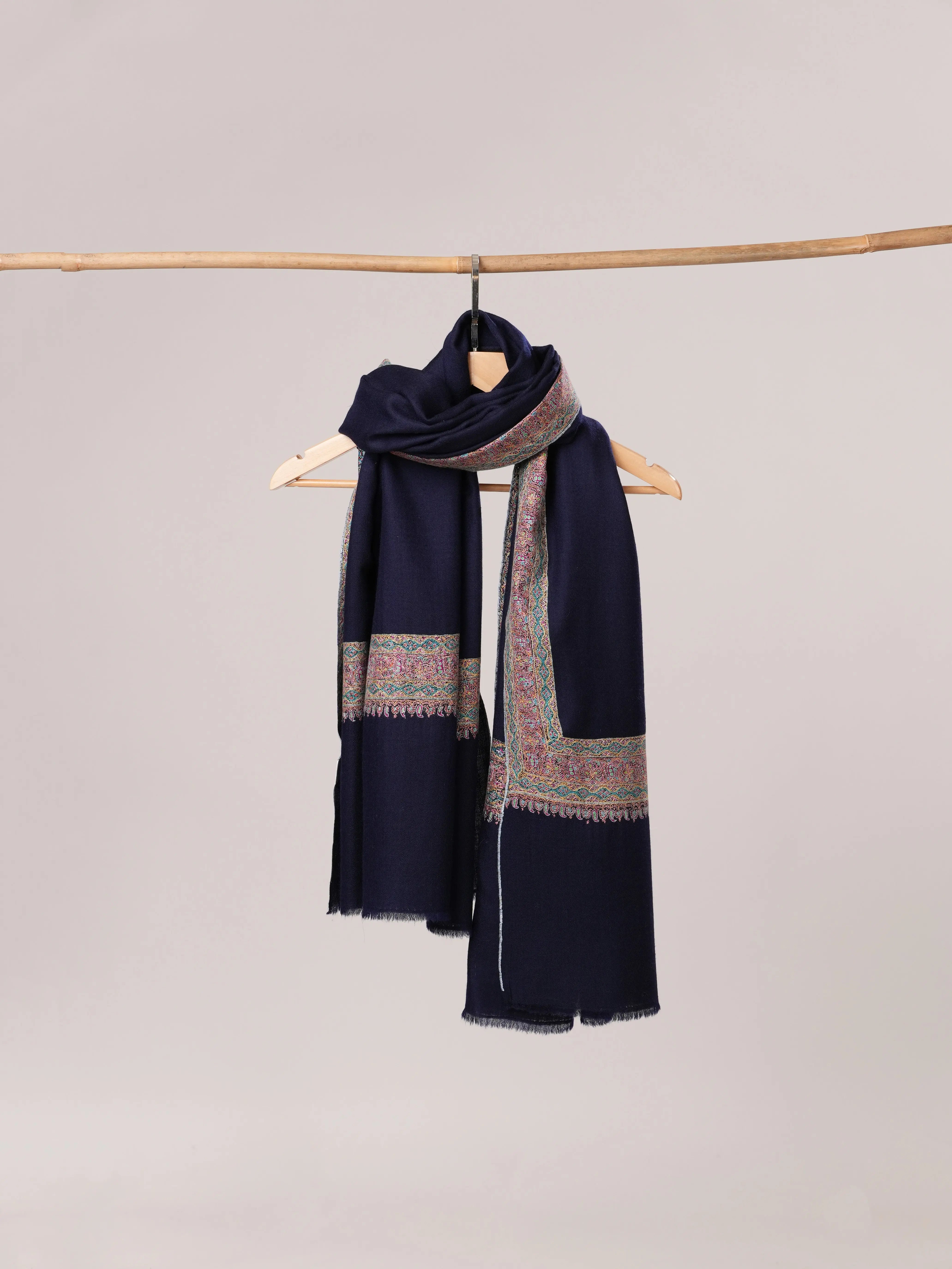Navy Pashmina Shawl with Daurdar Fine Needle Hand Embroidery Shahkaar.com