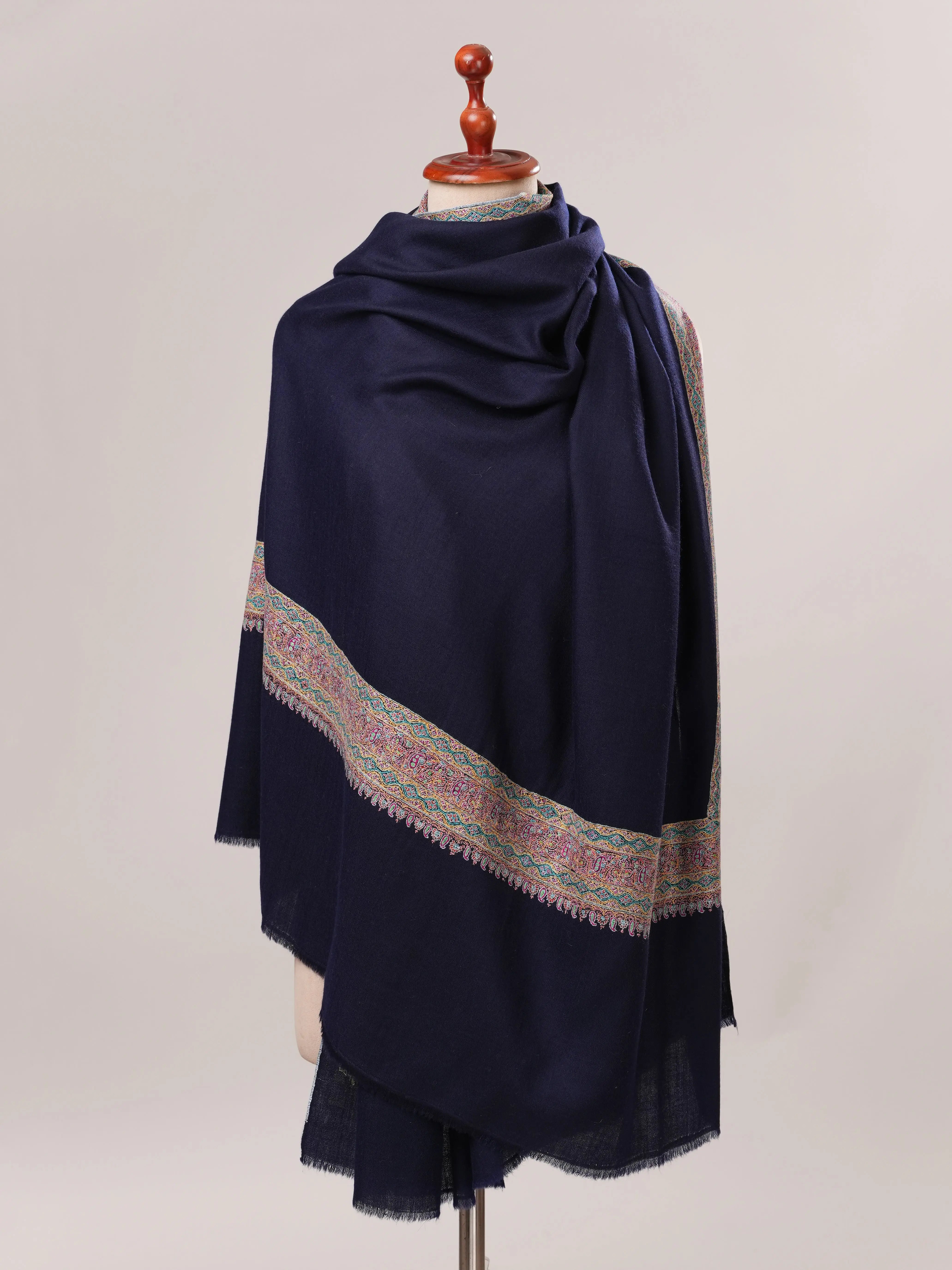 Navy Pashmina Shawl with Daurdar Fine Needle Hand Embroidery Shahkaar.com