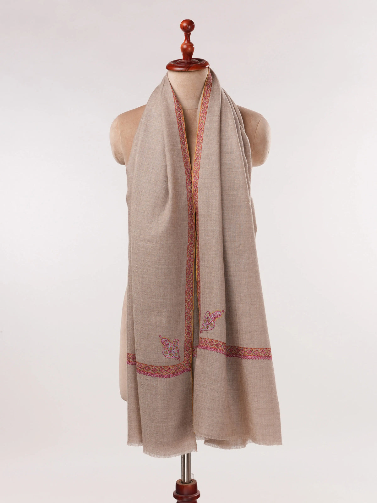 Natural Taupe Pashmina Shawl with Classic Hand Embroidery Shahkaar.com