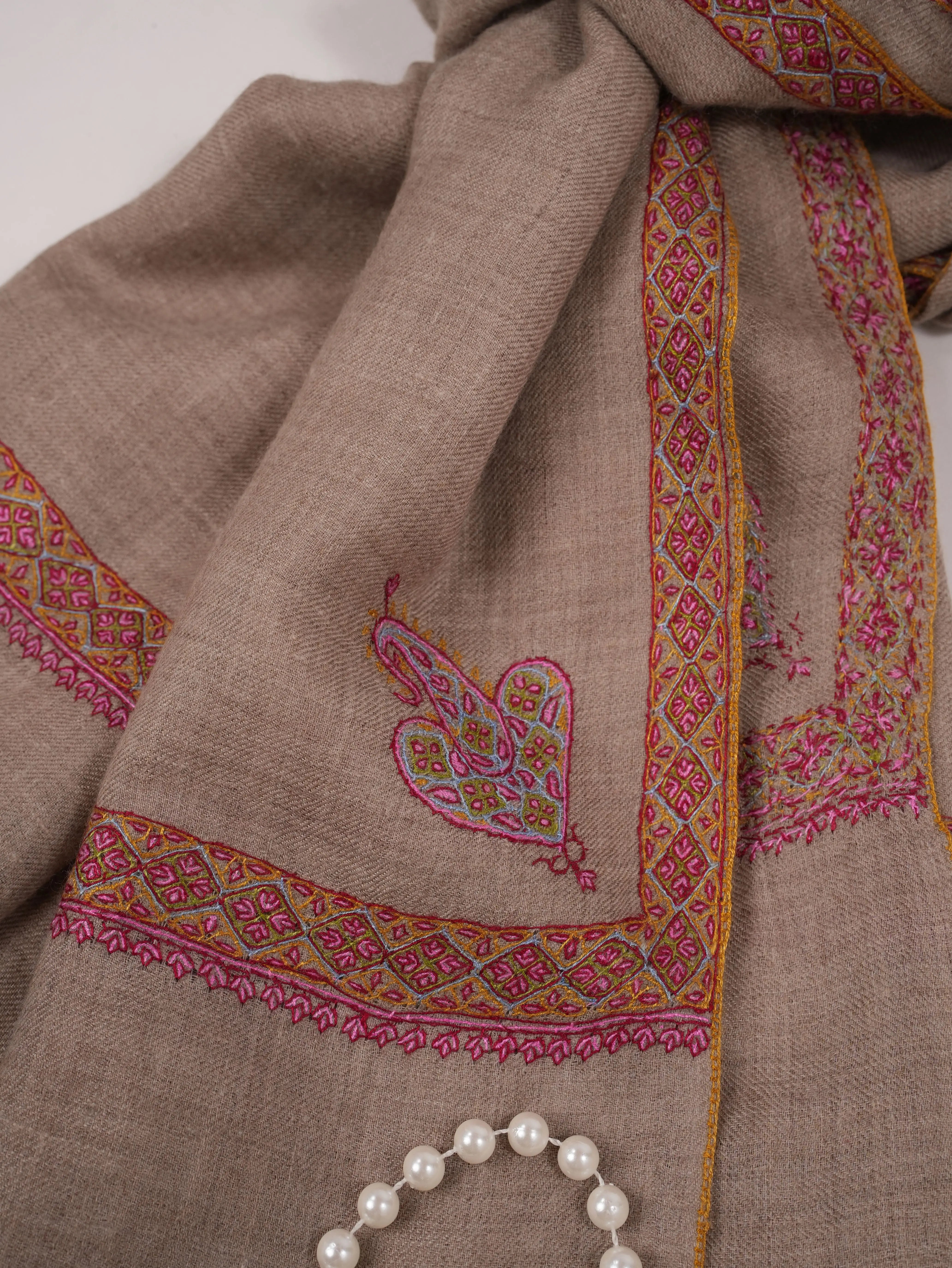 Natural Taupe Pashmina Shawl with Classic Hand Embroidery Shahkaar.com