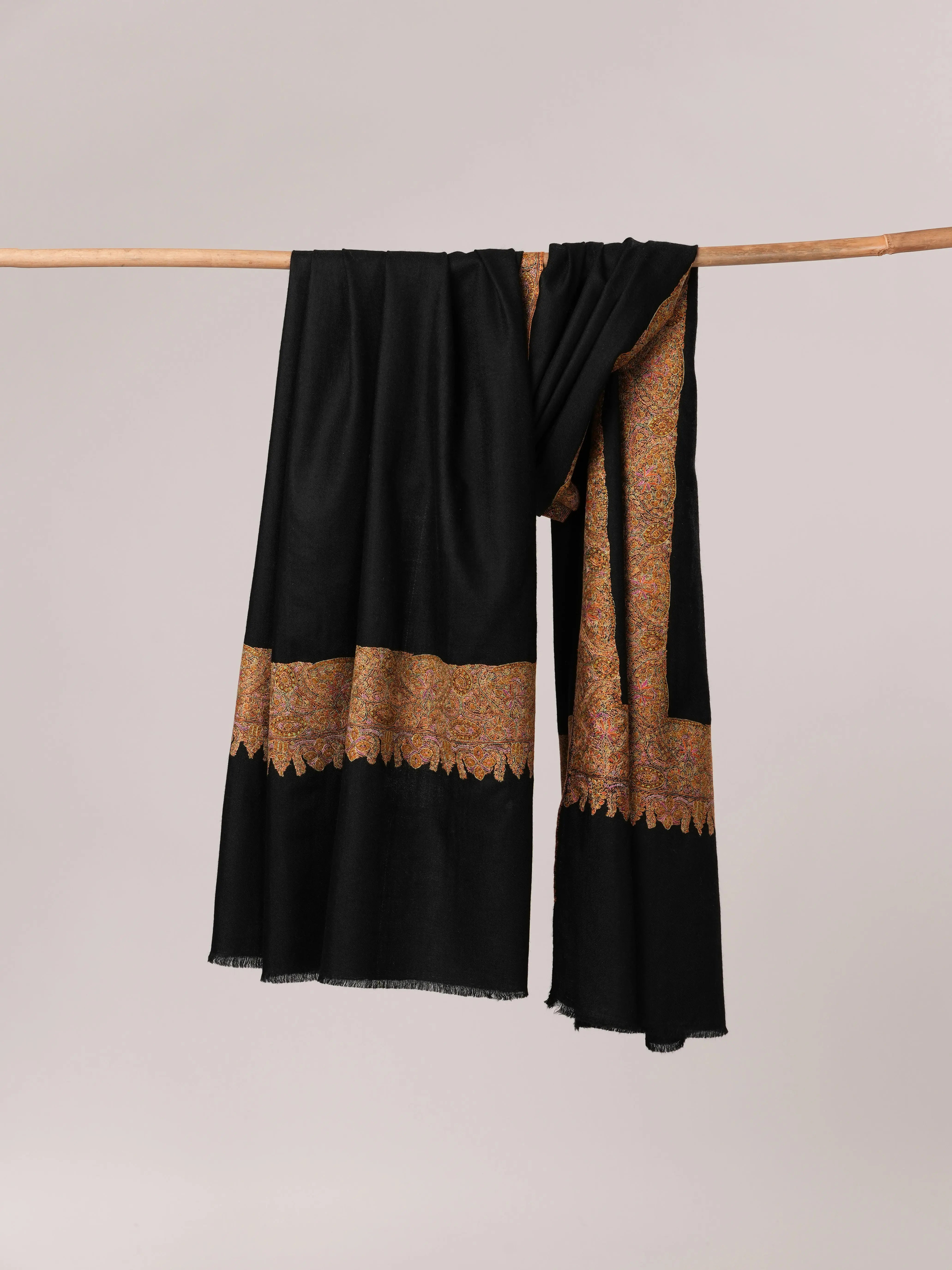 Black Pashmina Shawl with Classic Golden Daur Hand Embroidery Shahkaar.com