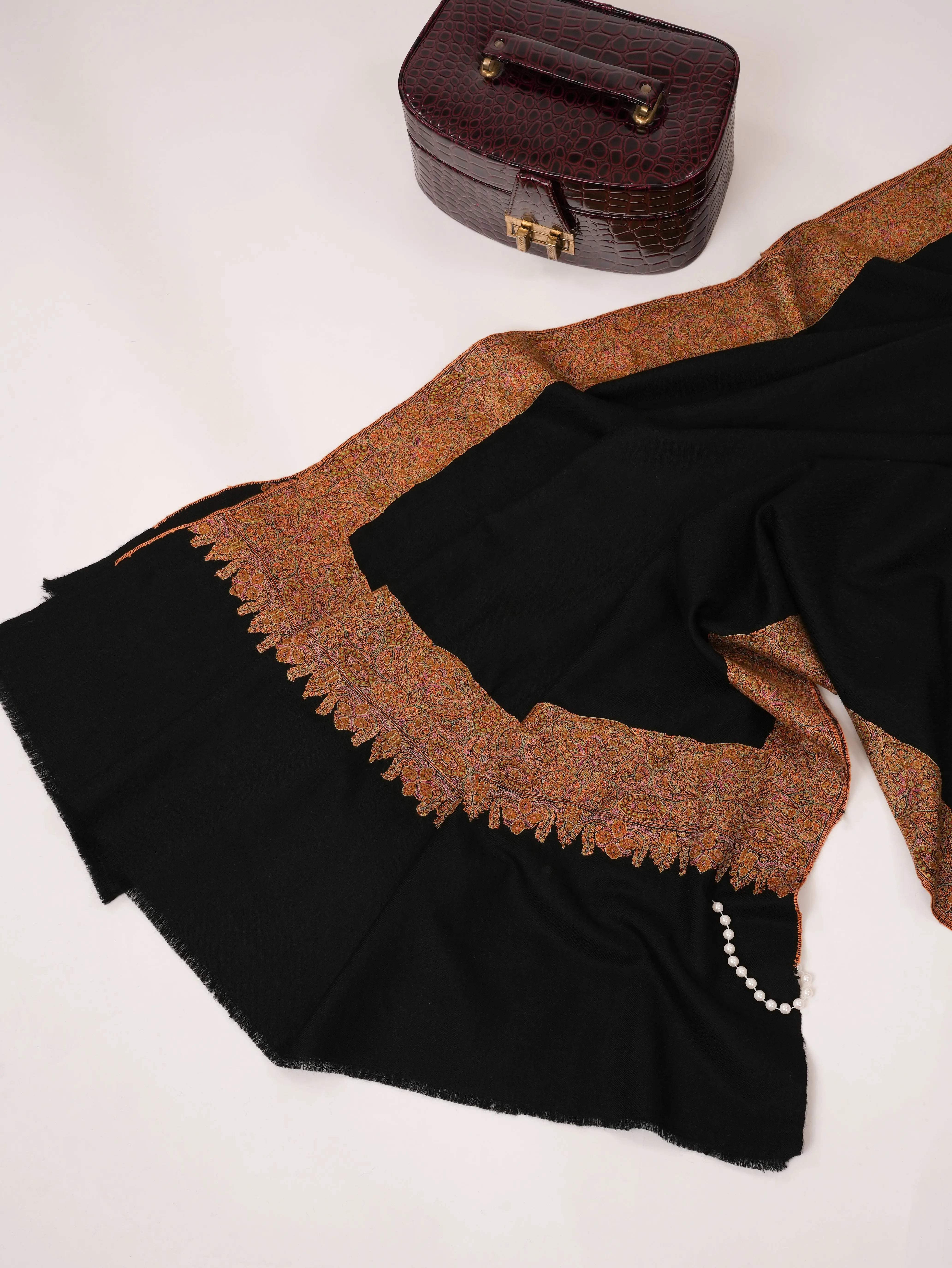 Black Pashmina Shawl with Classic Golden Daur Hand Embroidery Shahkaar.com