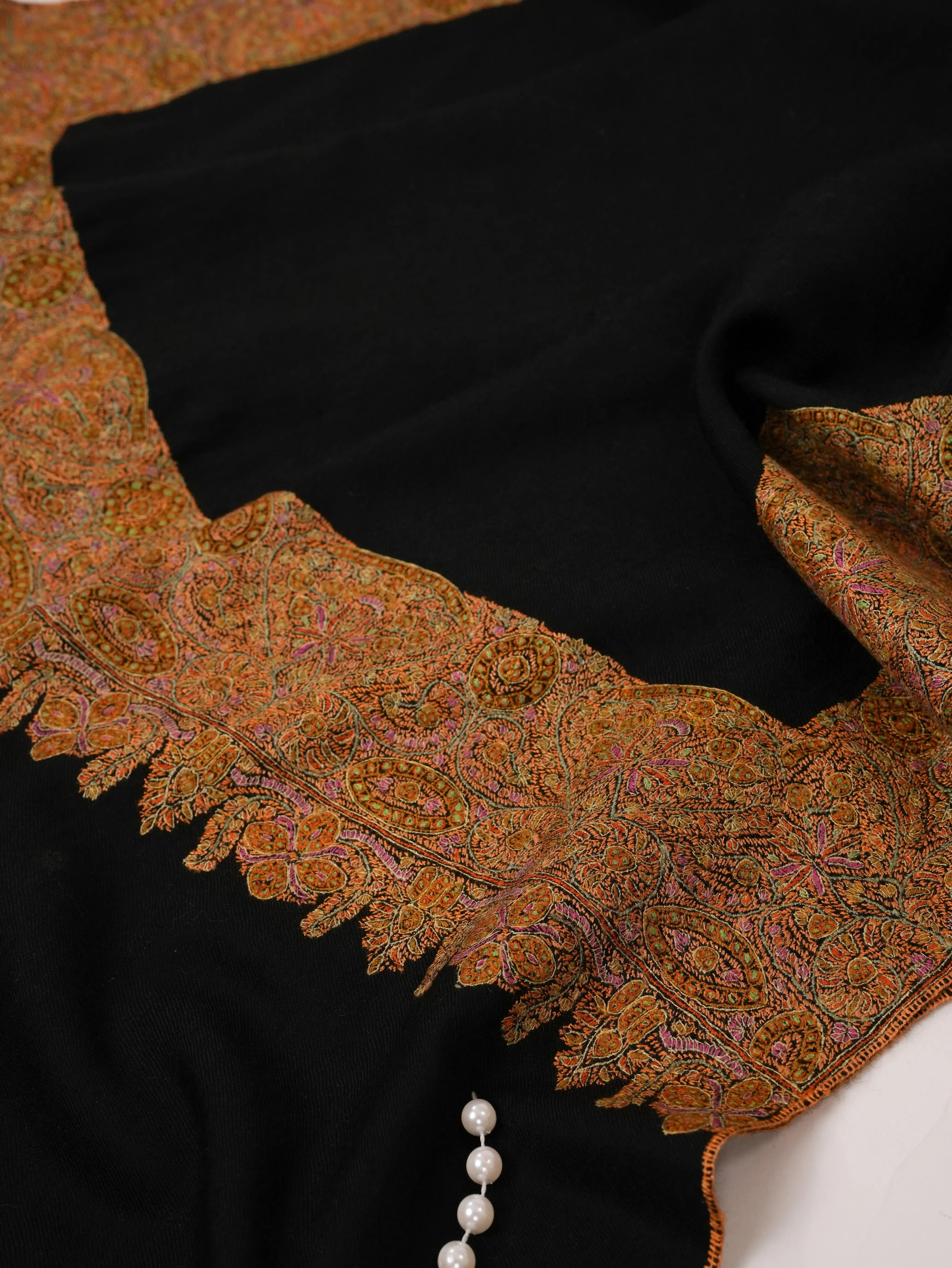 Black Pashmina Shawl with Classic Golden Daur Hand Embroidery Shahkaar.com