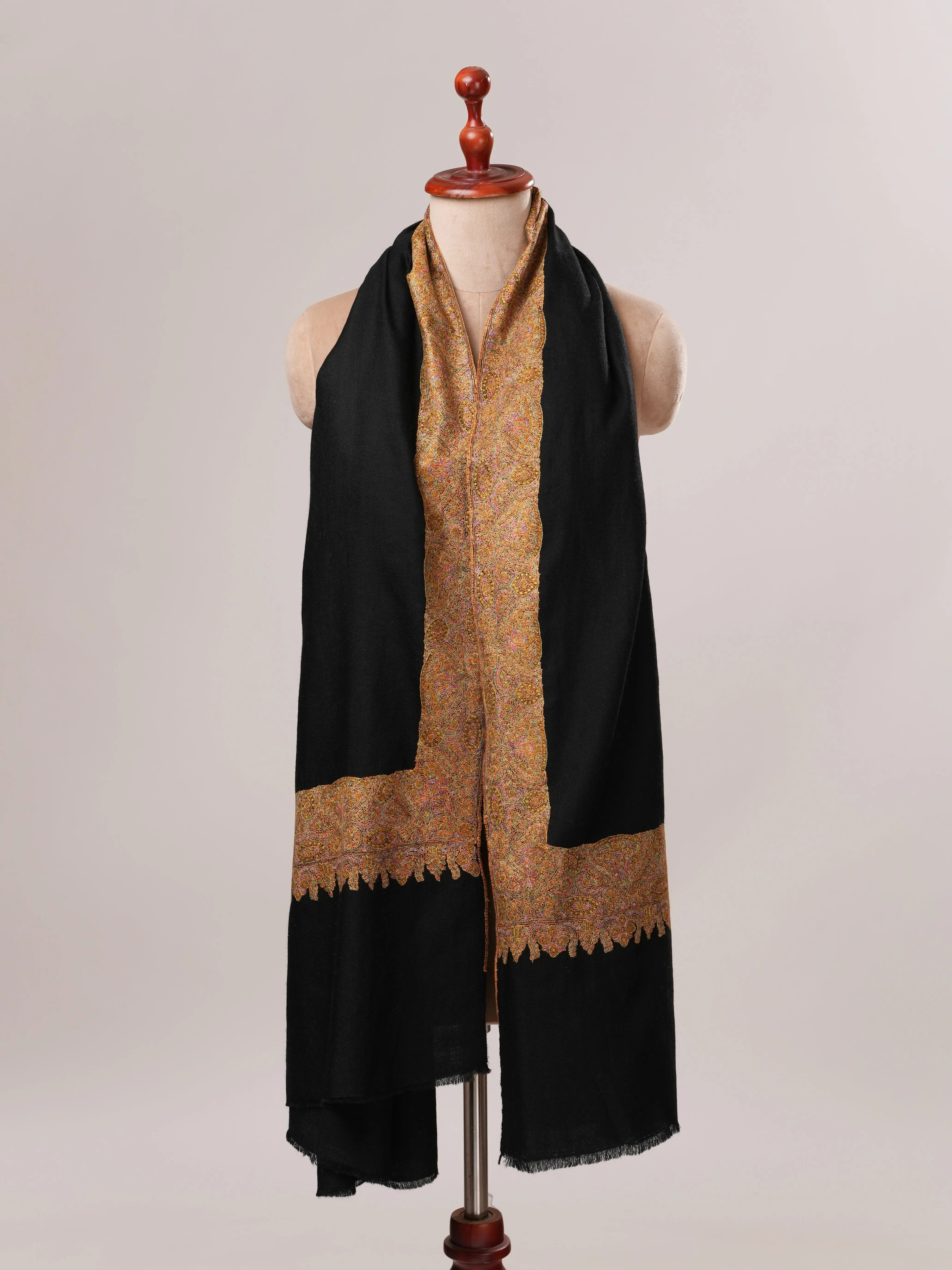 Black Pashmina Shawl with Classic Golden Daur Hand Embroidery Shahkaar.com
