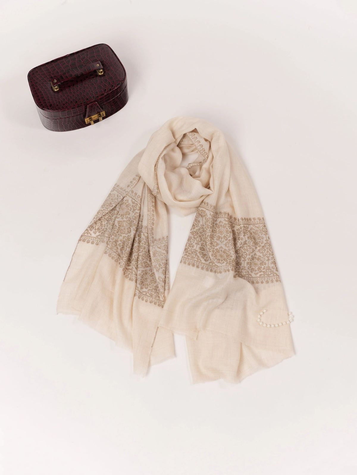 White Kashmiri Shawl with Handwoven Pashmina and Daurdar Sozni Embroidery Shahkaar.com