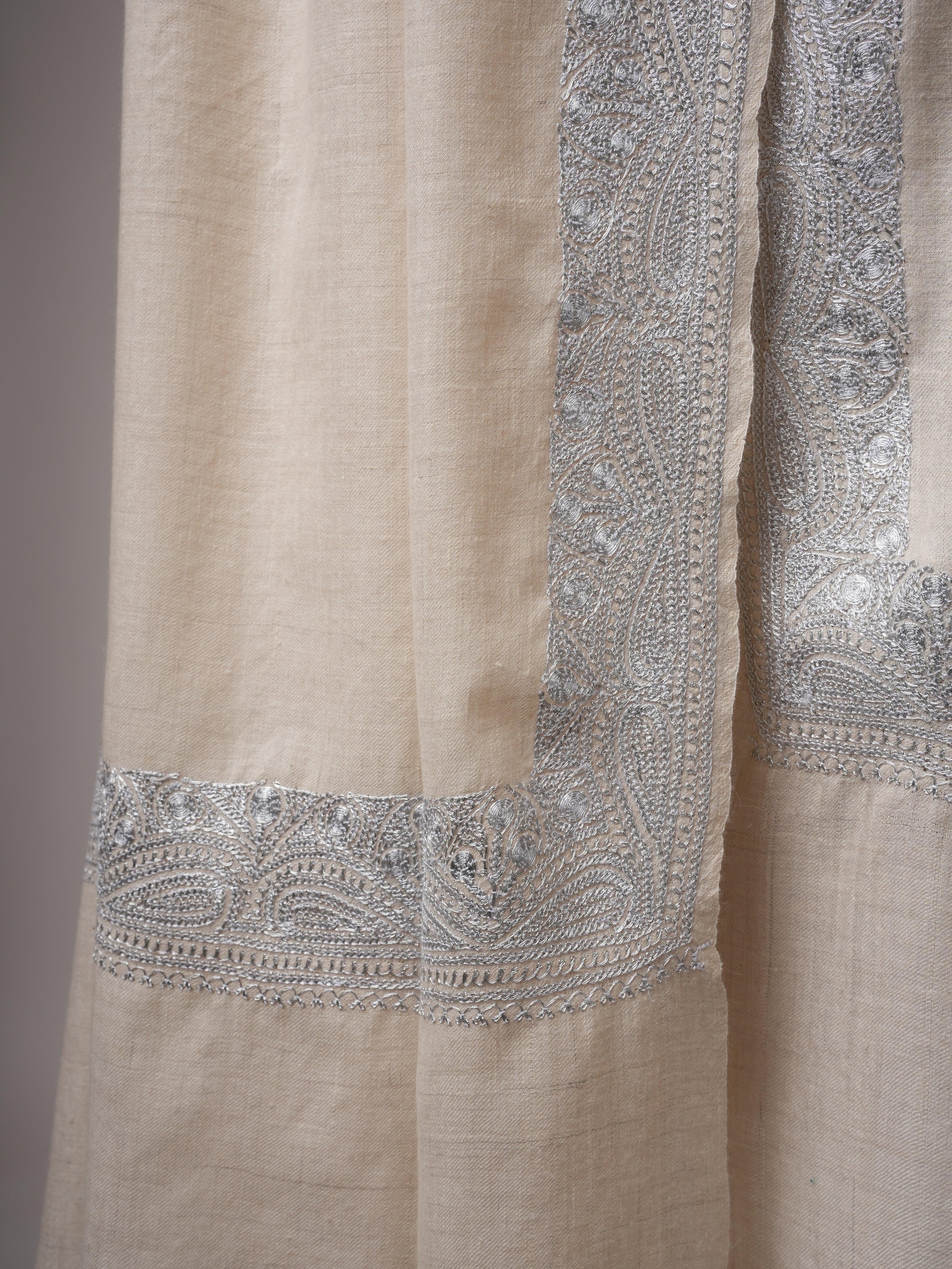 Soft Ivory Kashmiri Pashmina with Classic Silver Daurdaar Tilla Work Shahkaar