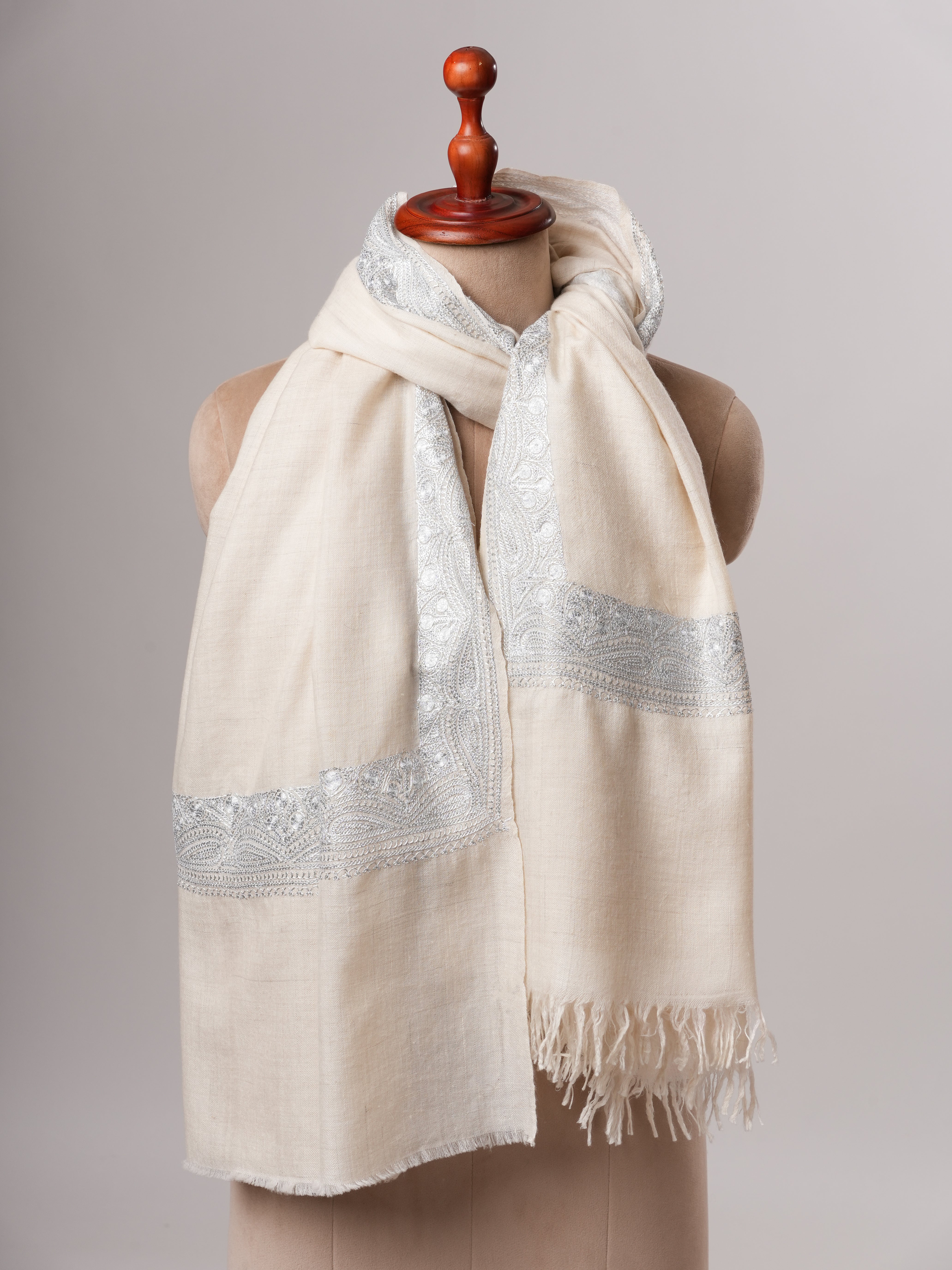 Soft Ivory Kashmiri Pashmina with Classic Silver Daurdaar Tilla Work Shahkaar